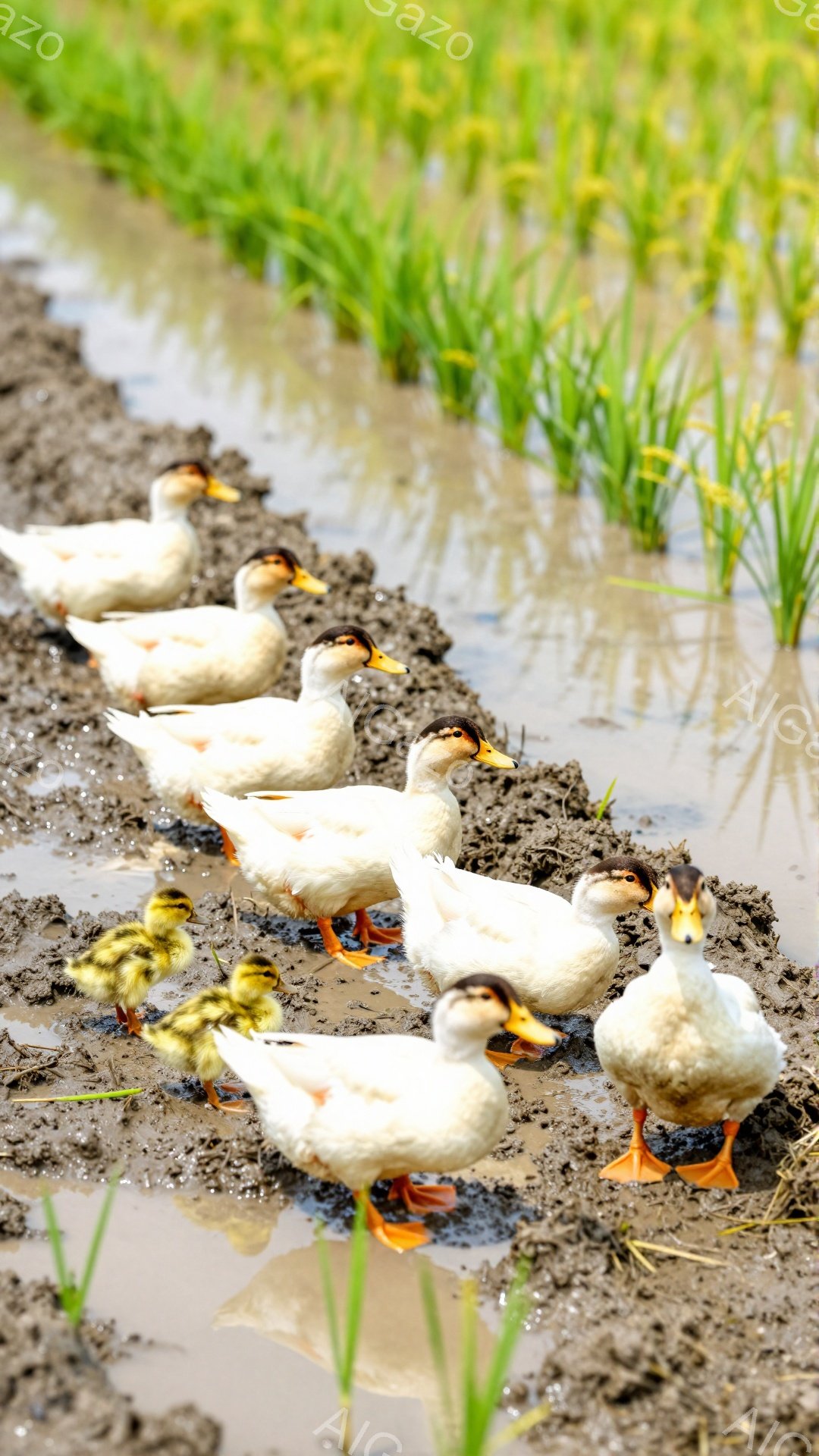 白いアヒルたちが泥田の中で一列に並んで歩いている。後ろには黄色いヒナたちがついており、親アヒルに守られている様子が伺える。緑の稲が背景にあり、春の穏やかな田園風景を思わせる。