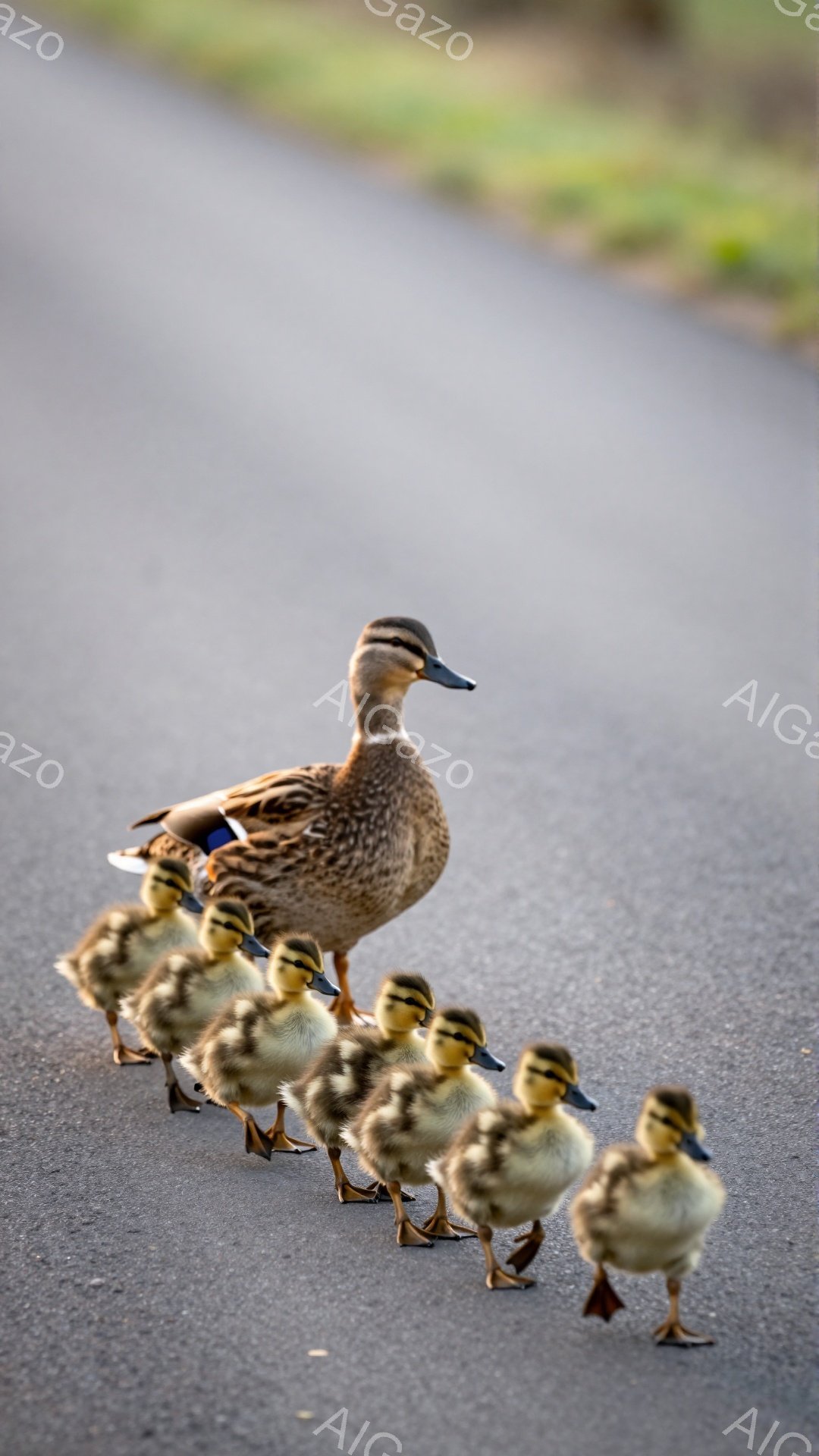 アヒルが道路の上を子アヒルたちを先導して歩いている。母アヒルは警戒した表情で周囲を見渡しており、子アヒルたちは母親の後ろに寄り添っている。アスファルトの道と緑の背景が、穏やかで平和な雰囲気を醸し出している。