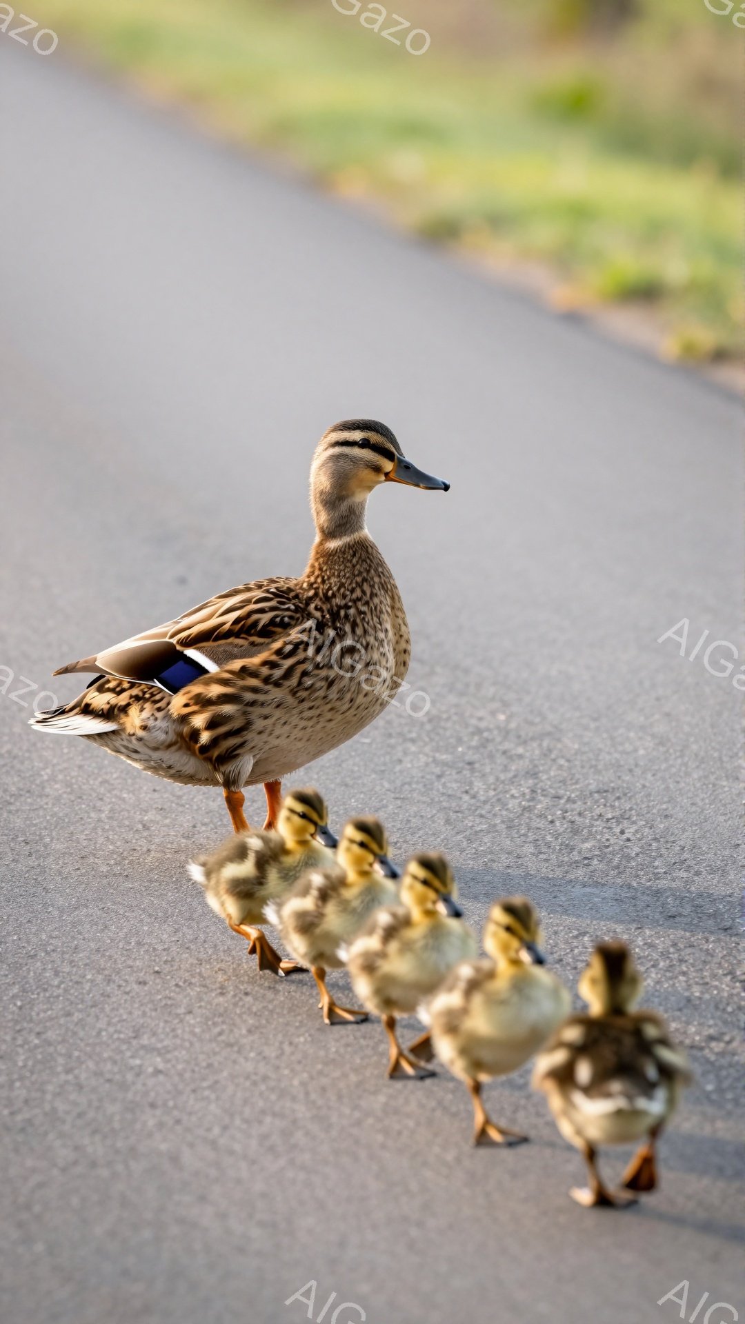 アヒルが列になってアスファルトの道を進んでいる。母アヒルは先頭を歩き、その後に可愛らしいヒナたちが一列に並んでいる。背景は緑豊かな草地で、平和で穏やかな雰囲気を感じさせる。