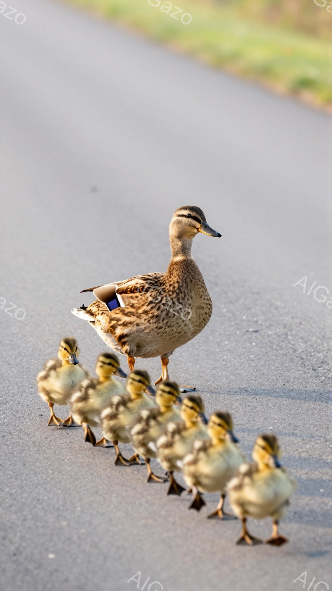 アヒルの母親が、後ろに一列に並んだひな鳥たちを率いてアスファルトの道を進んでいます。夕暮れ時の柔らかい光が、アヒルの羽毛を照らし、温かい雰囲気を醸し出しています。道路の背景には緑の草地が広がっており、自然な風景の中に生命の息吹を感じさせます。