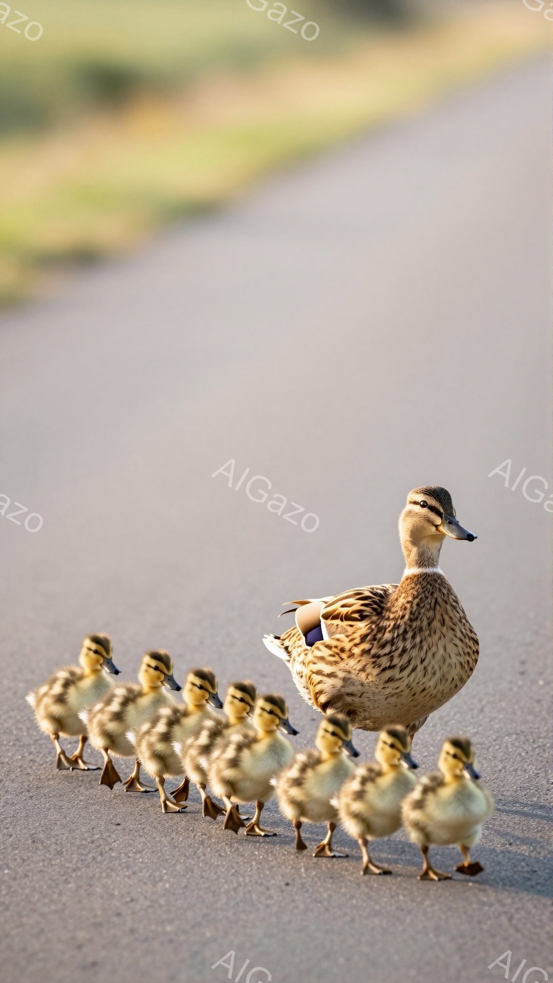 アヒルが子アヒルたちを先導してアスファルトの道を歩いている。母親アヒルは警戒した様子で、子アヒルたちは一列になって母親の後ろを追っている。背景は緑の草で、穏やかな雰囲気である。