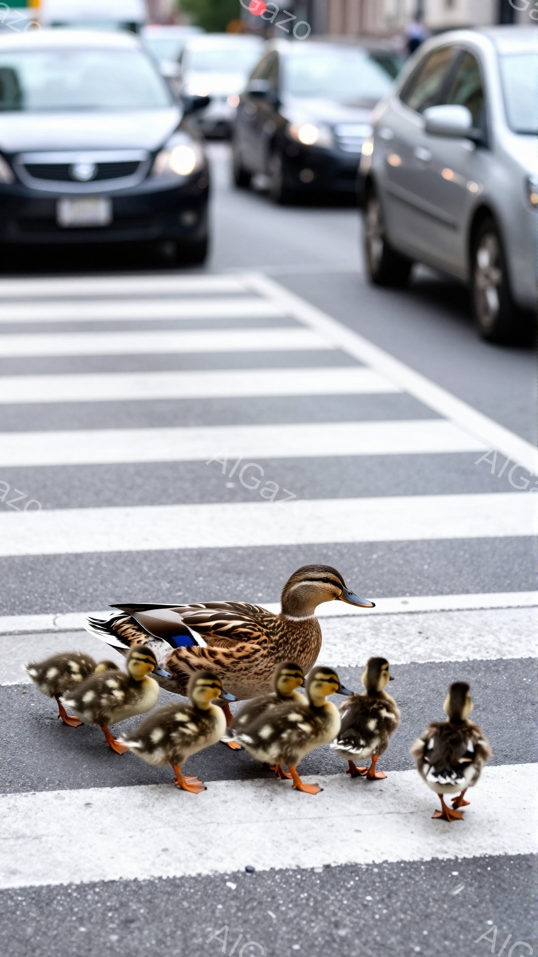 アヒルの母親とヒナたちが横断歩道を渡っている様子が写っている。ヒナたちは黄色いふわふわの羽毛を持ち、母親の後ろを一生懸命に追っている。背景には車が走っており、都会の風景の中で自然が共存している様子が伺える。