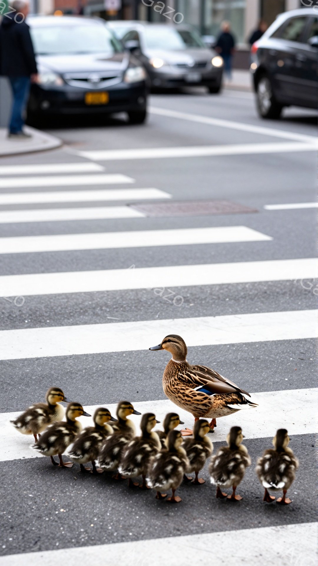 アフリカの道路の白線の上を、親鴨に先導されて雛たちが一列に歩いている。背景には車両がぼやけて写っており、都会の風景の中で自然の光景が際立っている。この様子は、平和で可愛らしい雰囲気を醸し出している。