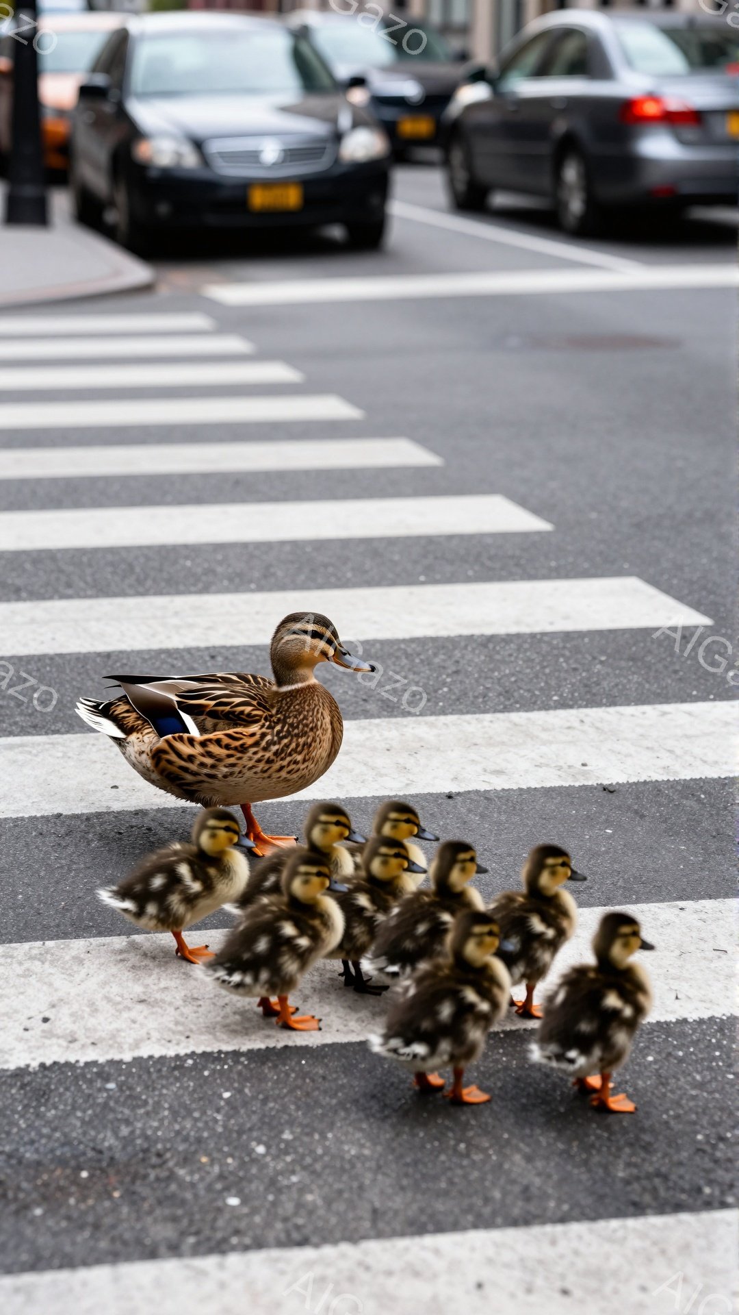 アフリカの街の横断歩道で、一羽の母親アヒルが雛を連れて歩いている。彼女は前方を見据え、雛たちは彼女の後ろをせっかく追っている。背景にはぼやけた車が写っており、日常的な都会の風景と野生動物の可愛らしさが混ざり合った光景である。