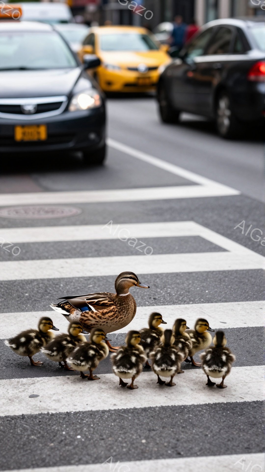 アフリカヒメアヒルが子アヒルたちと一緒に横断歩道を渡っている。背景には交通量が多く、タクシーや車がぼやけて見える。都会の風景の中に自然の温かさが感じられる瞬間だ。