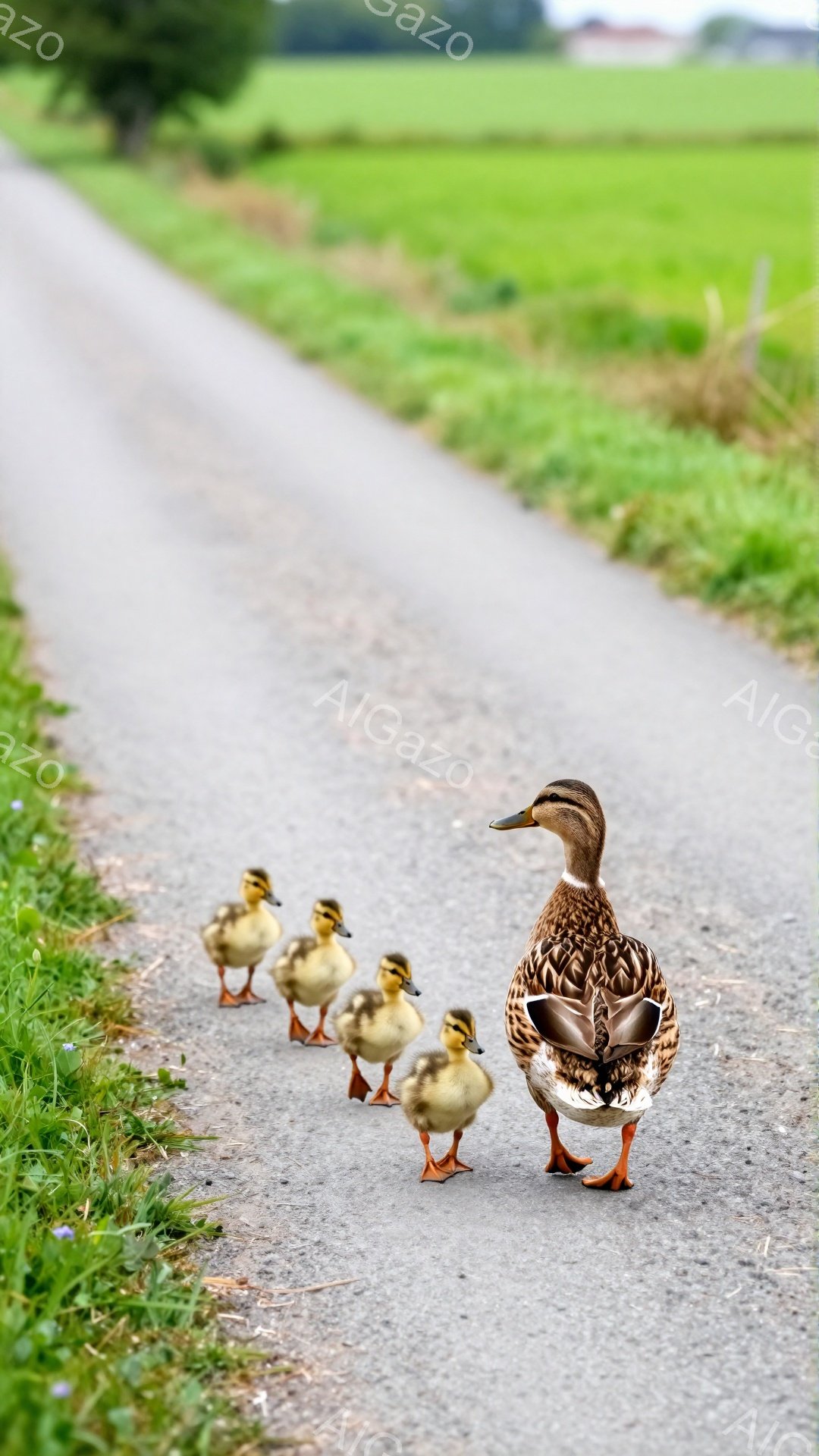 アヒルが子アヒルを連れて舗装された道路を歩いている。緑豊かな背景と穏やかな雰囲気で、家族の愛情と自然の美しさを表現している。子アヒルのふわふわした姿と親アヒルの保護的な姿が印象的だ。 - AI生成フリー素材