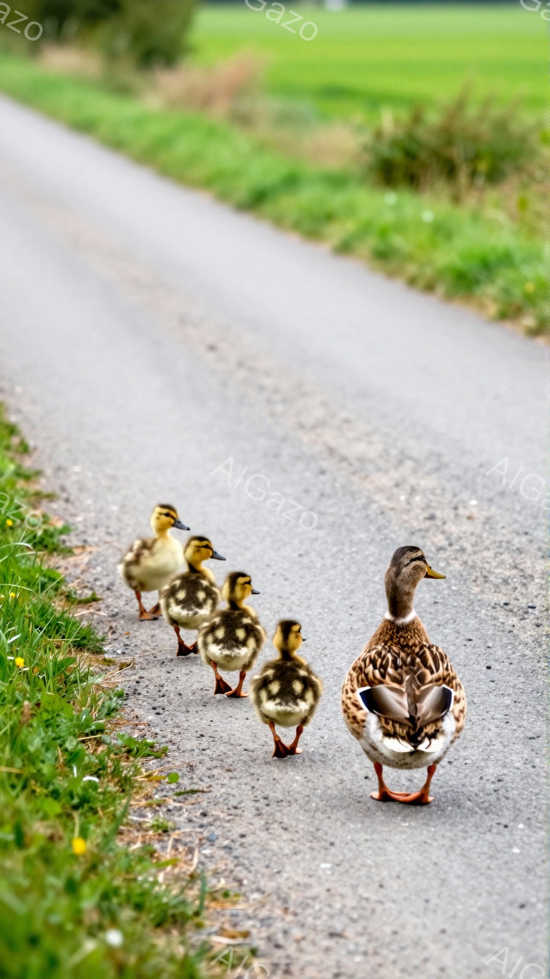 アヒルの一家が並んで道を歩いている。母アヒルは後ろを振り返らず、子アヒルたちは一列に並んで母親の後を追っている。背景には緑の草地と道路が広がり、穏やかな春の日の雰囲気が漂っている。