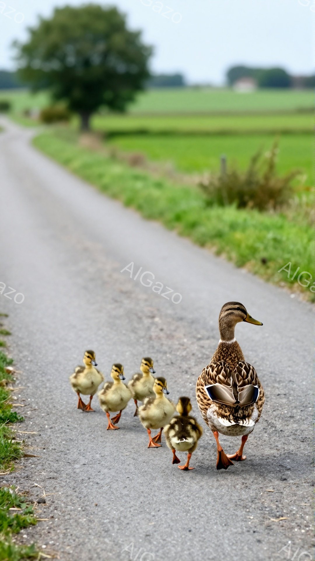 アヒルが子アヒルたちを先導して舗装路を歩いている。背景には緑豊かな草地と木々が広がり、穏やかな田園風景が広がっている。暖かい日差しが降り注ぎ、平和で牧歌的な雰囲気が感じられる。
