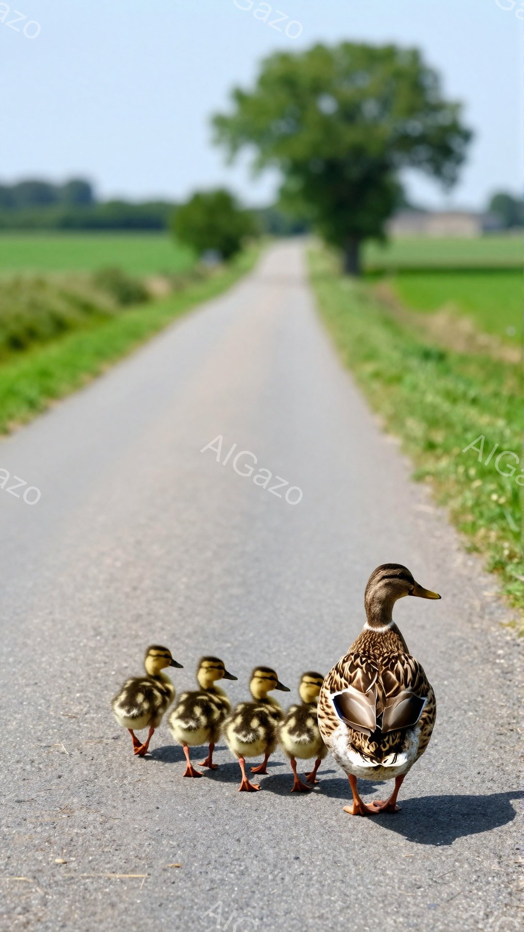 アヒルが子アヒルたちを連れて舗装された道を歩いている。背景には緑豊かな草原が広がり、遠くには木々が見える。暖かい日差しが差し込み、平和で穏やかな雰囲気が漂う。