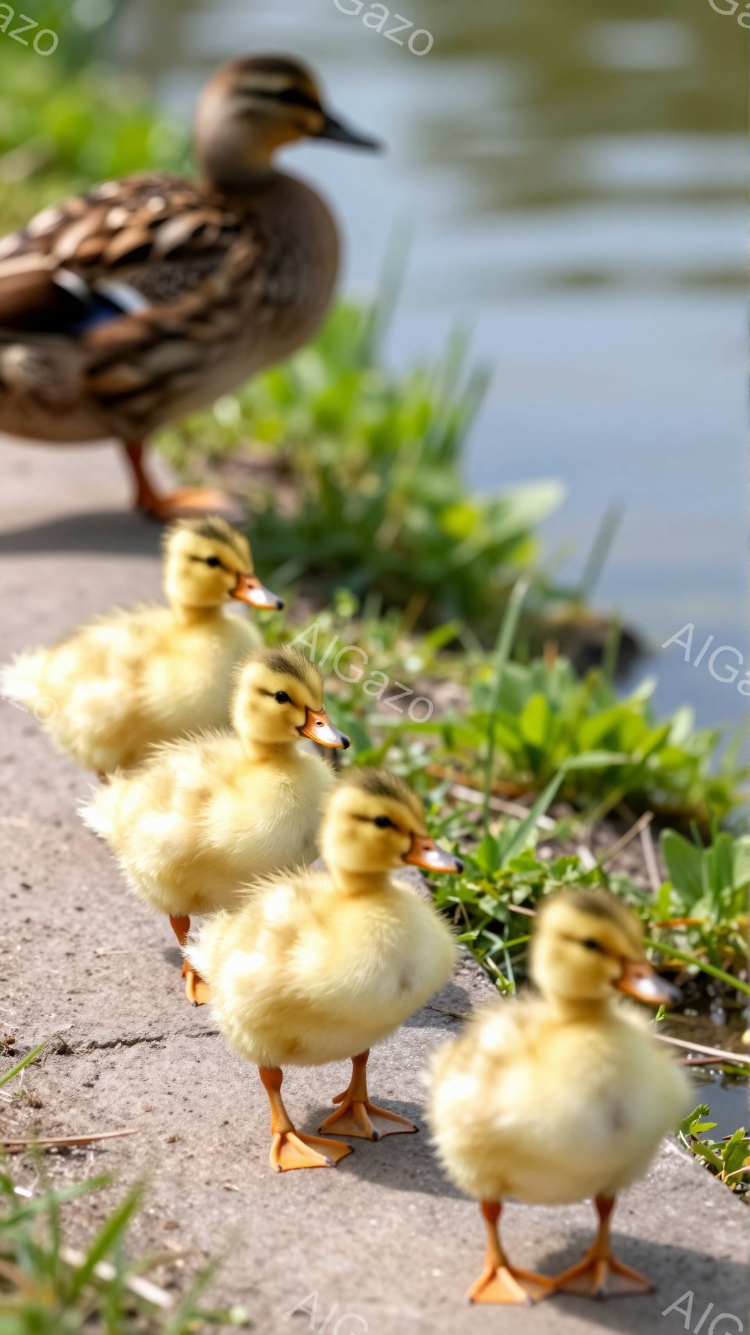 明るい日差しの中、アヒルの雛たちが一列に並んで歩いている。母親のアヒルが後ろにいて、雛たちを見守っている様子がうかがえる。緑の草が生い茂る地面が、温かい春の日の雰囲気を醸し出している。