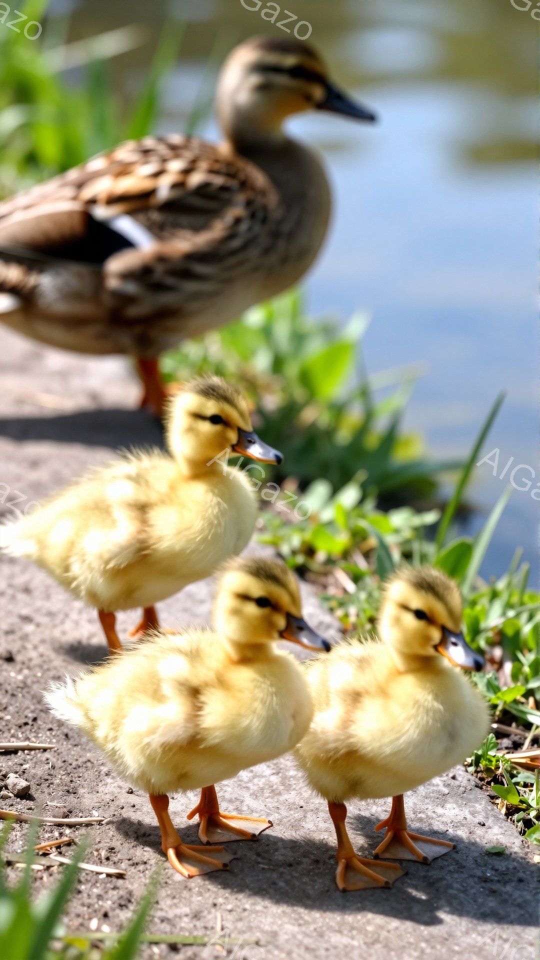 可愛らしいアヒルの雛が三羽、母親アヒルに寄り添うようにして土の上に並んでいます。日差しが暖かく、背景には緑豊かな植物と水面が見え、穏やかな春の日の雰囲気が漂っています。雛たちは黄色いふわふわの毛並みで、好奇心いっぱいの表情をしています。