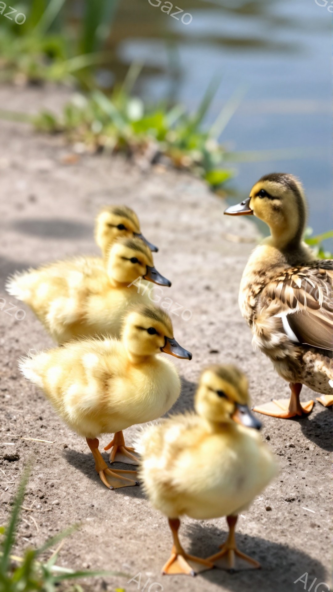 かわいいアヒルのヒナたちが、土の上に集まっている。母親のアヒルが後ろで子守りをしており、穏やかで平和な雰囲気である。背景には緑の草が生えており、水辺の自然を感じさせる。