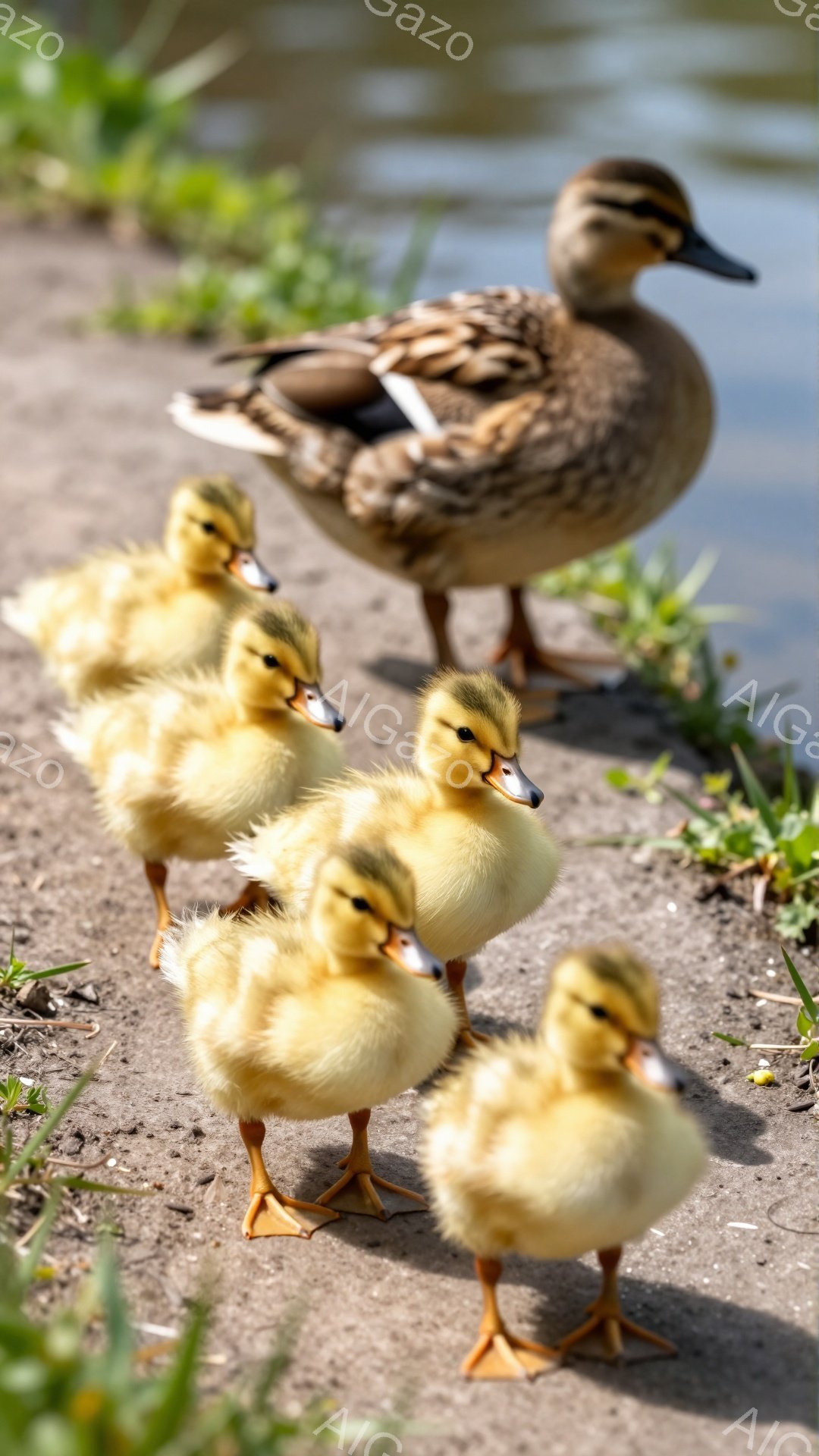 親鴨と子鴨たちが砂浜で寄り添って歩いている様子が捉えられています。子鴨たちはふわふわの黄色い毛並みで可愛らしく、母親鴨はそれを見守るように後ろを歩いています。背景には緑の草が生い茂り、穏やかな春の日の雰囲気が伝わってきます。