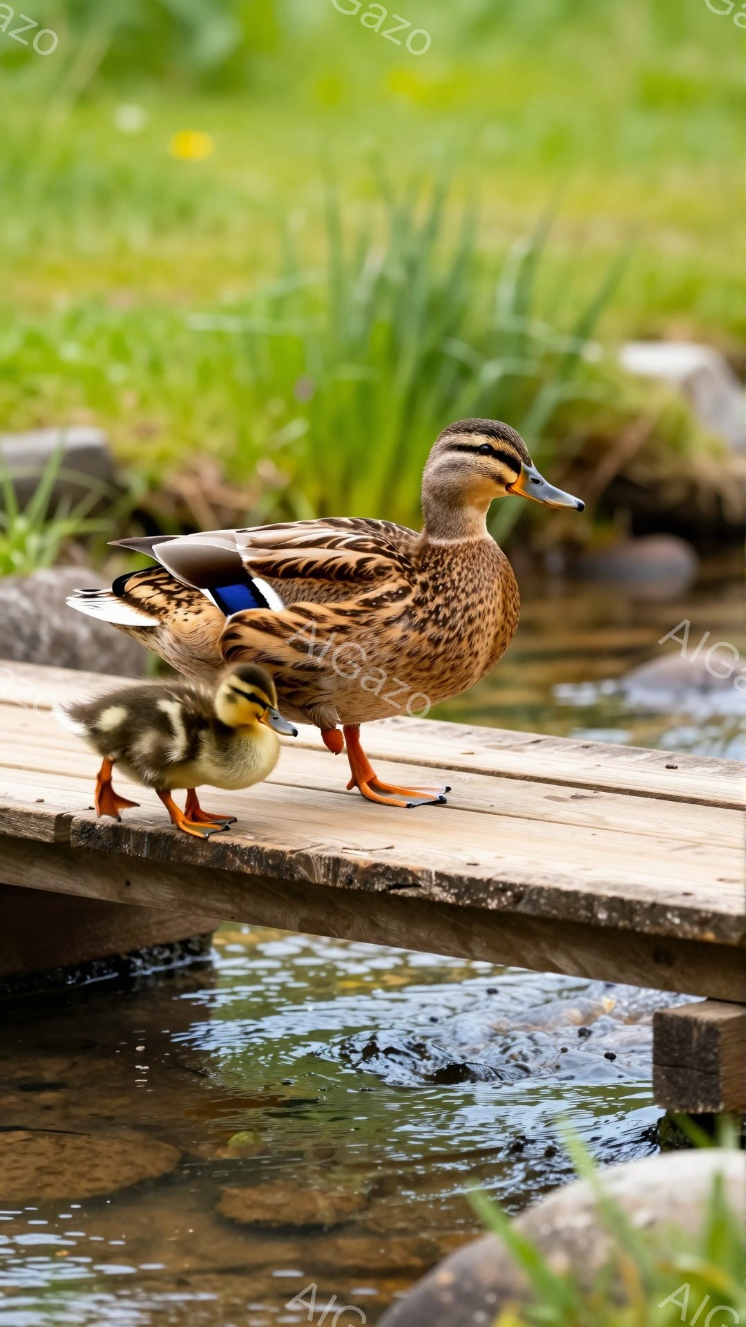 緑豊かな背景に、親鴨とヒナが木製の橋の上を歩いている。親鴨は茶色と白の美しい羽を持ち、ヒナは黄色い毛並みで可愛らしい。穏やかな水面と鮮やかな緑が、平和で優しい雰囲気を醸し出している。