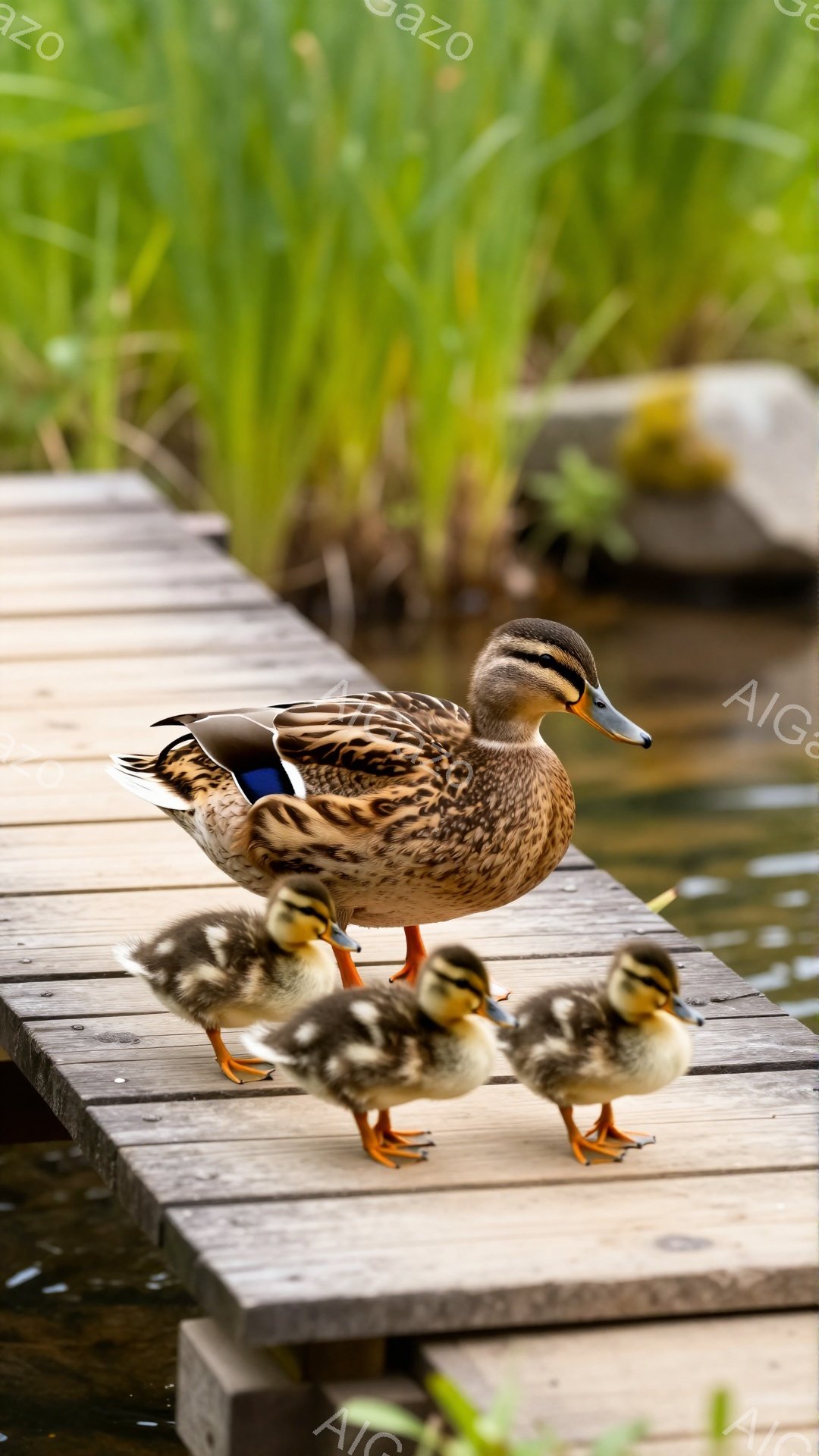 桟橋の上をアヒルとヒナたちが歩いている。母親アヒルは茶色と白の羽を持ち、ヒナたちはふわふわとした黄色の羽毛で覆われている。背景には緑豊かな植物と水面が広がり、穏やかな雰囲気を醸し出している。