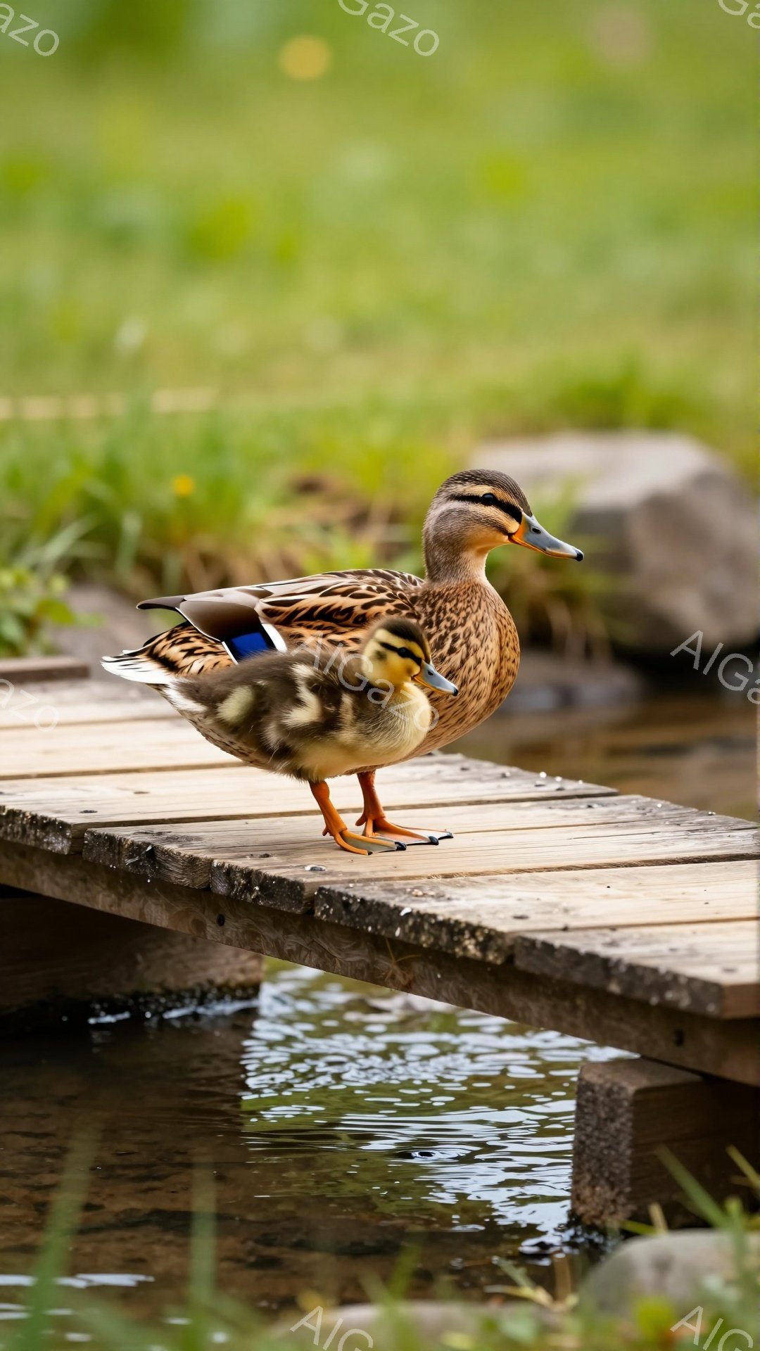 アヒルとヒナが木の板の上で寄り添っています。親アヒルは後ろに翼を広げ、ヒナを保護しているようです。背景は緑豊かで、水面が光り、穏やかな雰囲気です。