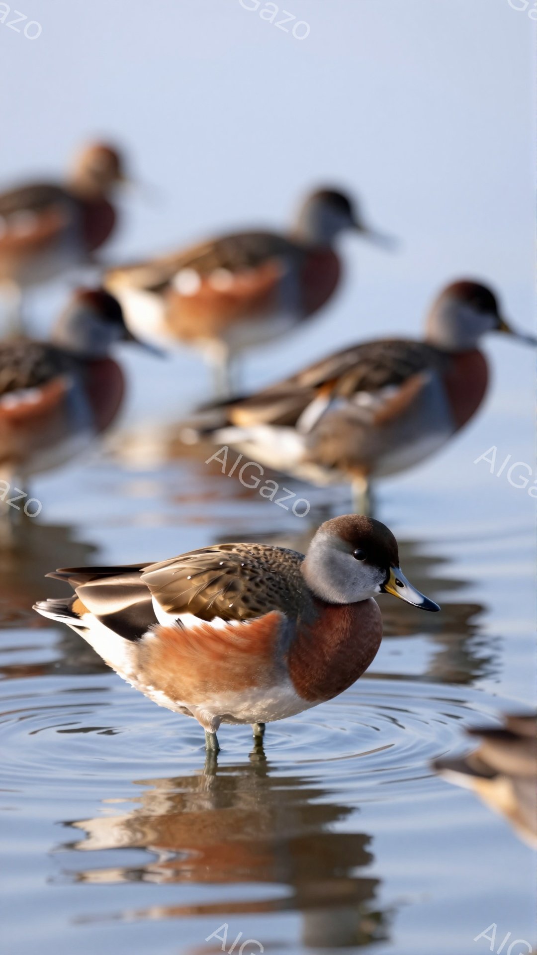 穏やかな水面で、マガモが浮かんでいる。茶色と白の美しい羽毛を持ち、水面に映る姿は幻想的だ。背景には他のマガモもおり、静かで平和な雰囲気を醸し出している。