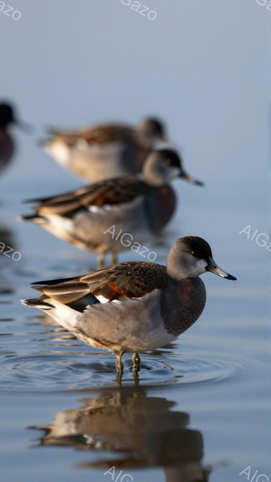 水面を漂う鴨たちが写っている。先頭の鴨は灰色の体にオレンジ色の模様があり、水面に映る姿も美しい。穏やかな水面と鴨たちの静けさが、平和な雰囲気を醸し出している。