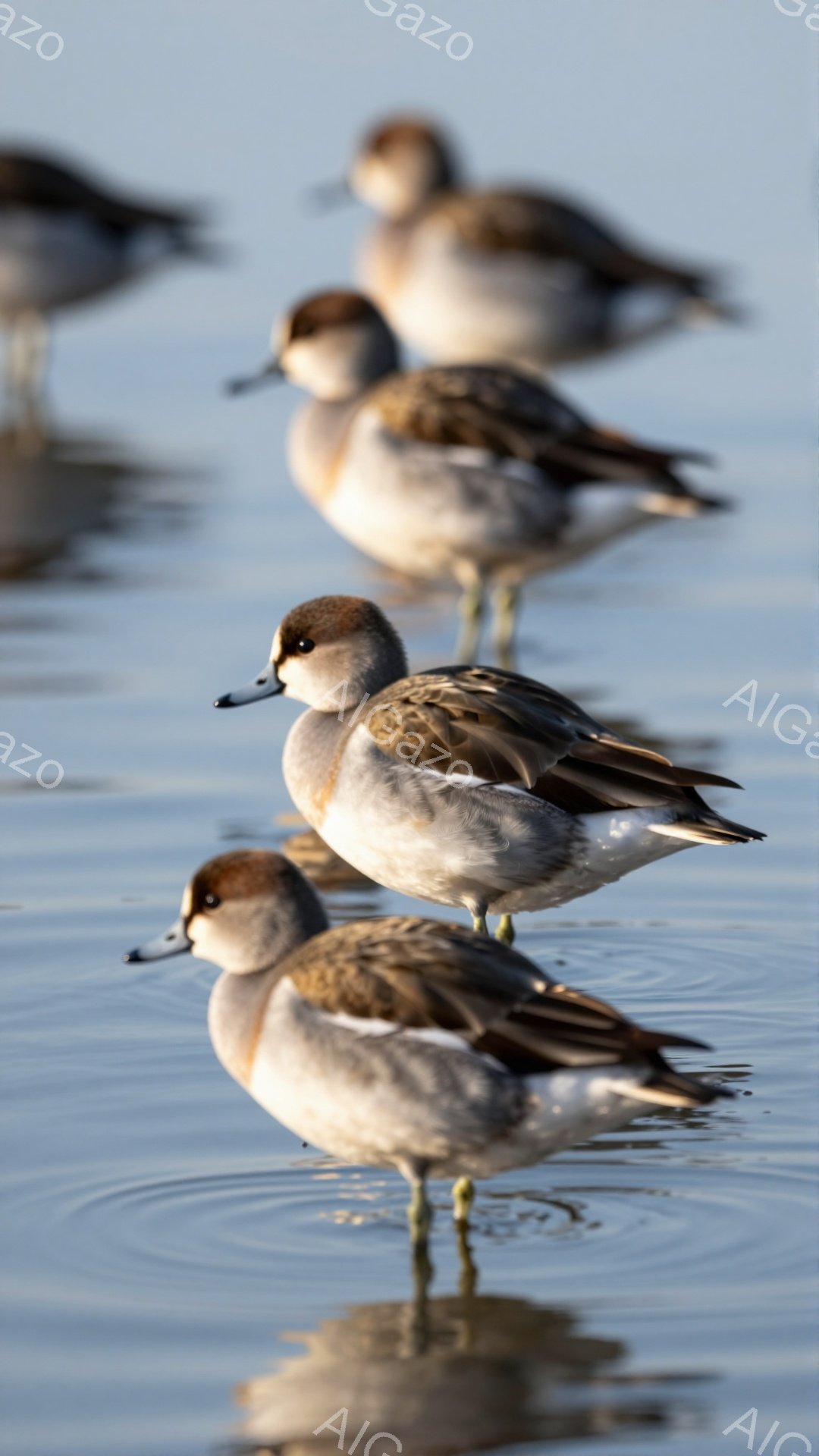水面を優雅に泳ぐカモの群れが捉えられています。穏やかな水面にはカモの姿が映り込み、静けさを際立たせています。全体的に淡い色調で、平和な雰囲気が漂います。