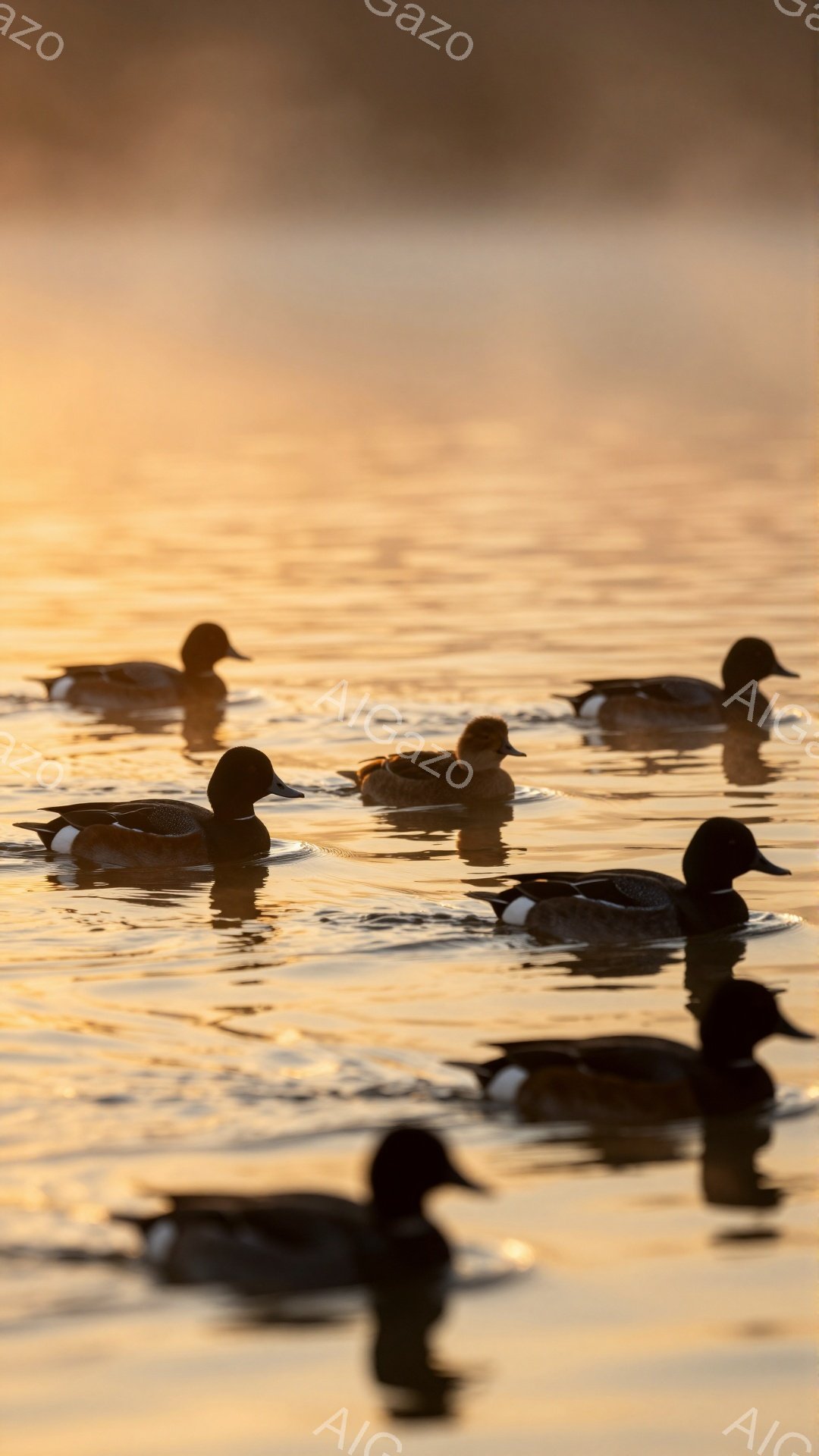 静かな水面にカモたちが浮かび、夕日の光を浴びています。水面はオレンジ色に染まり、穏やかで暖かい雰囲気が漂います。鳥たちのシルエットが美しく、平和な光景です。
