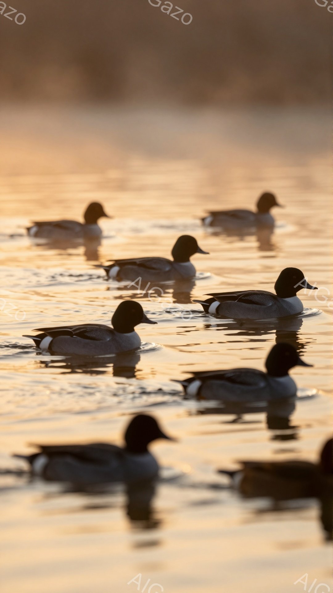 オレンジ色の水面にカモが浮かび、静かな朝の風景が広がっている。カモたちはリラックスした様子で水面を漂い、穏やかな雰囲気を醸し出している。水面にはカモの影が映り込み、幻想的な光景を作り出している。
