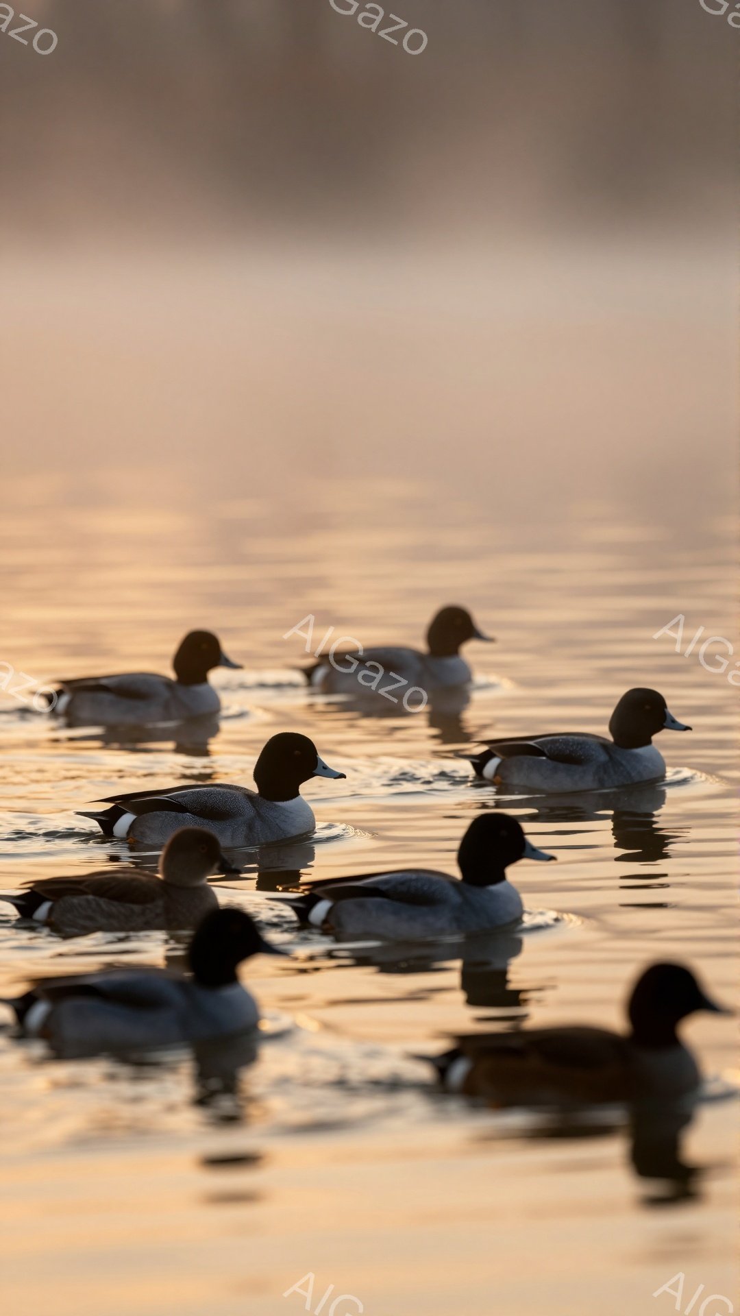 静かな湖面に鴨が並んで浮かんでいる。朝日の光が水面を金色に染め上げ、穏やかで平和な雰囲気を醸し出している。鴨たちは波にゆっくりと揺られながら、それぞれの方向を見ている。