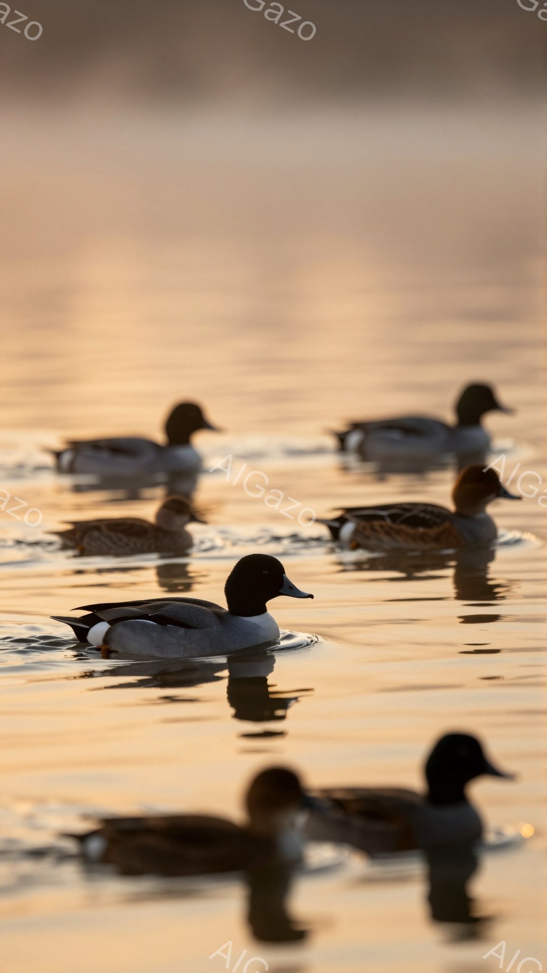 穏やかな水面をカモたちが静かに泳いでいる。夕焼けの光が水面に反射し、金色に輝く美しい光景だ。カモたちのシルエットが水面と一体化し、幻想的な雰囲気を醸し出している。