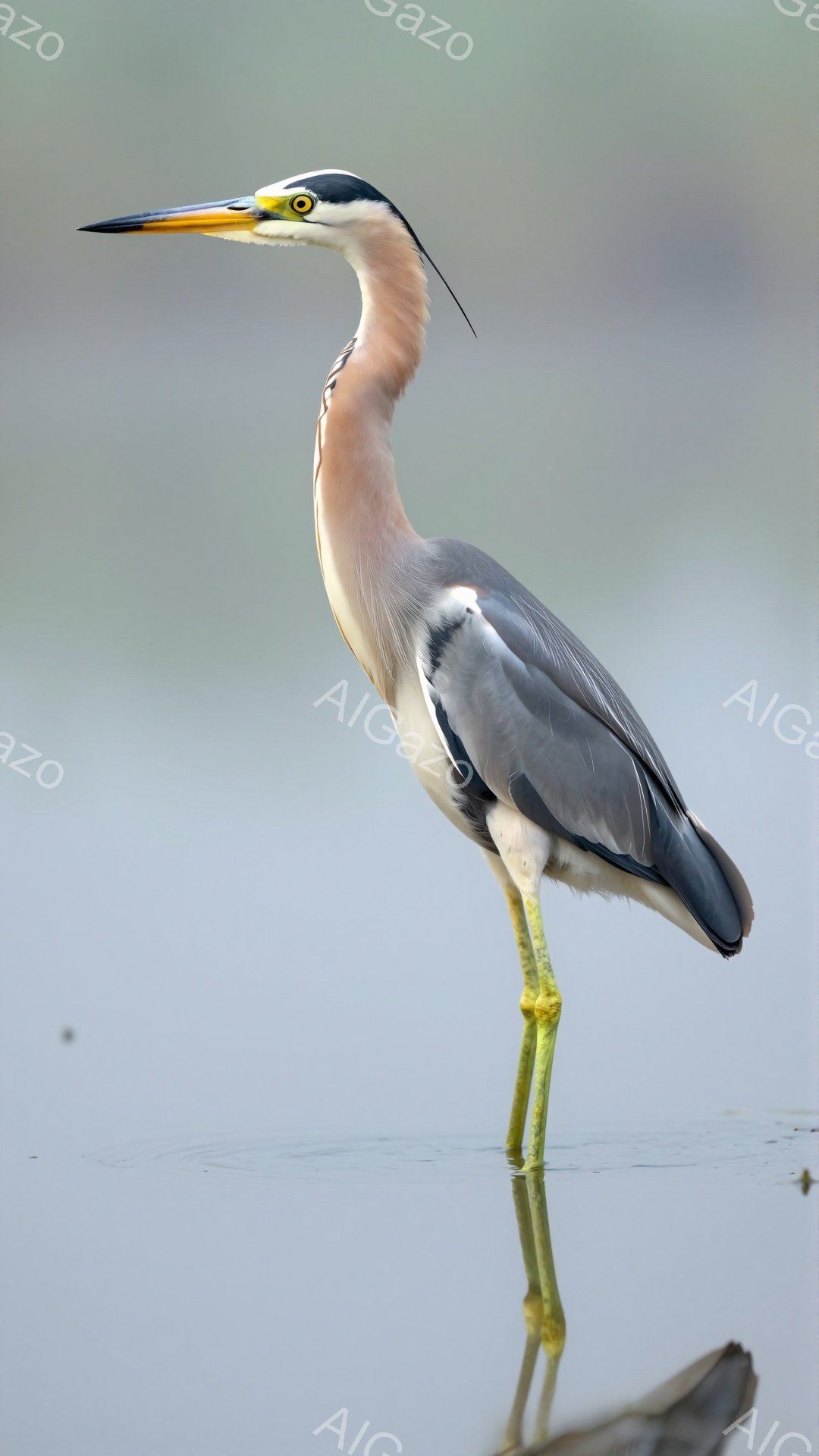 アマサギが水面で静かに立ち尽くしている。その細長い首と鋭い嘴、そして黄色の足が印象的だ。水面には鳥の姿が映り込み、穏やかな雰囲気を醸し出している。