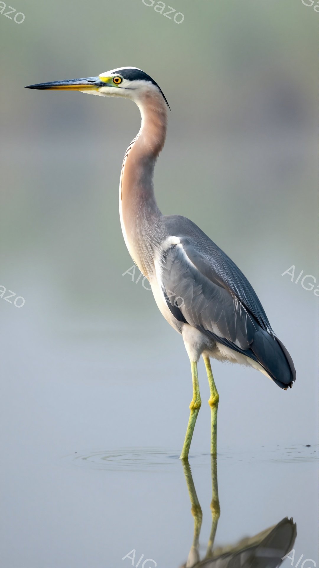 アマサギが水面に立つ姿を捉えた写真。落ち着いた背景と水面の反射が、静かで穏やかな雰囲気を醸し出している。鳥の優雅な姿勢と鋭い眼差しが印象的だ。