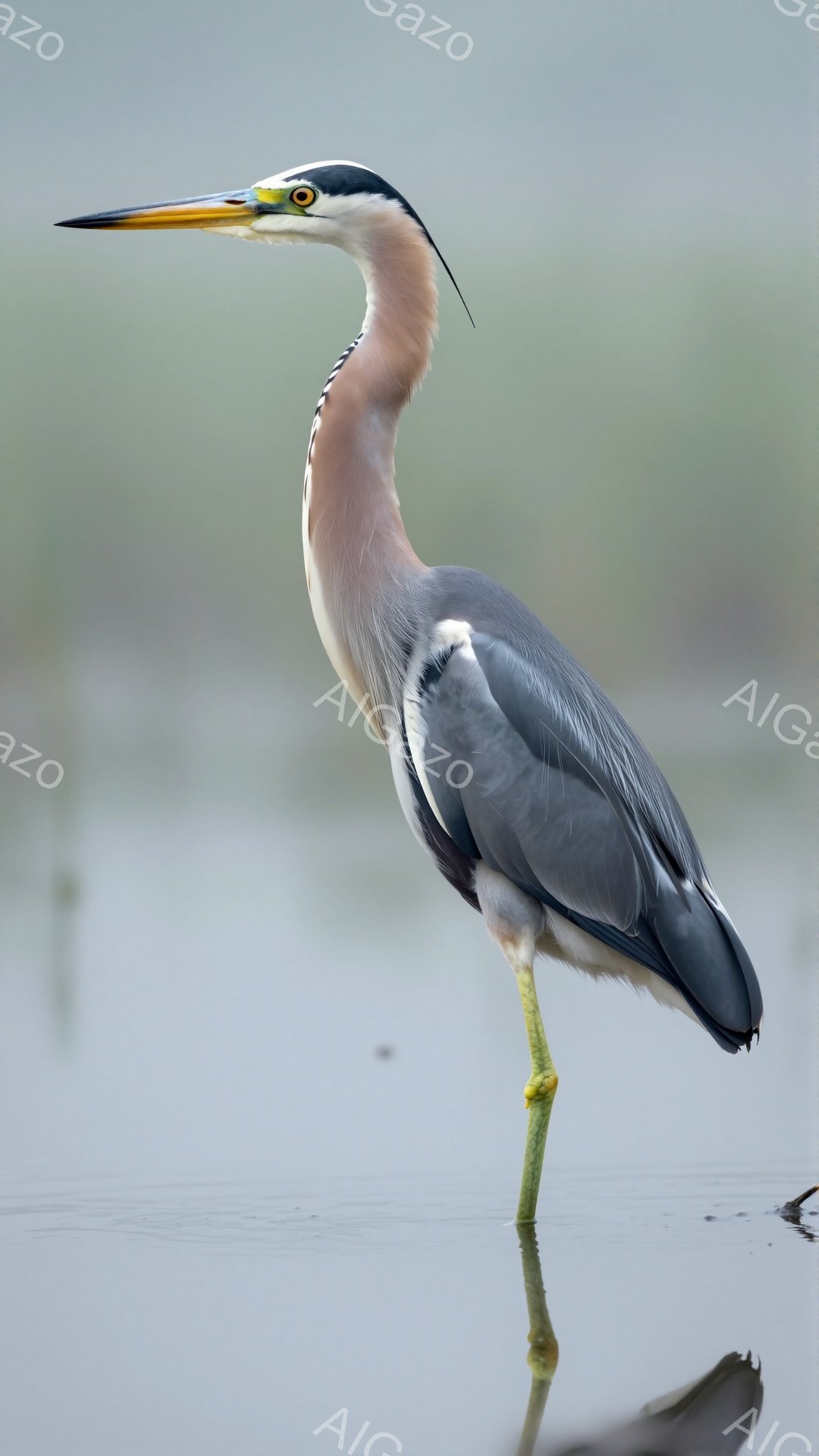アマサギが浅い水の中に立ち、片足でバランスを取りながら静かに獲物を狙っている。柔らかい光が水面に反射し、穏やかな雰囲気を醸し出している。その優雅な姿は、自然の美しさを象徴している。