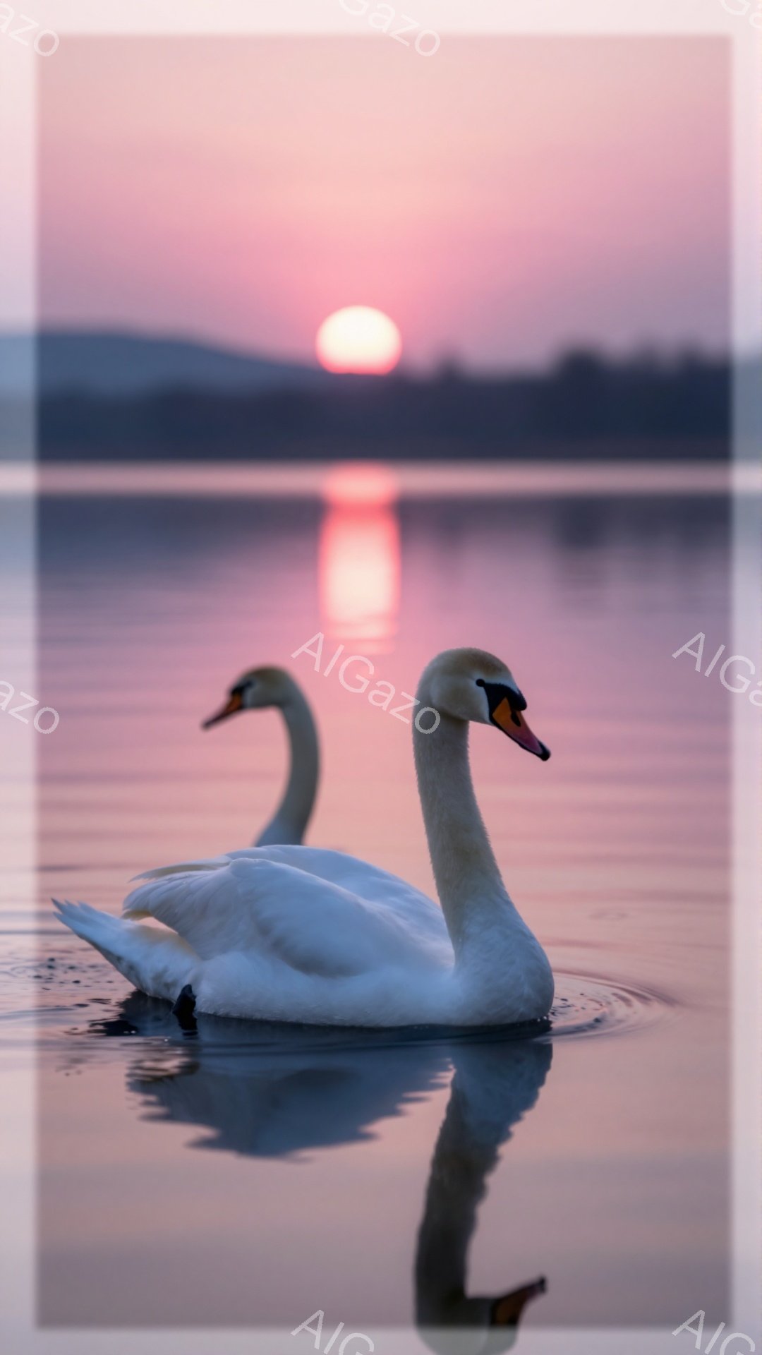 白鳥が夕焼けに照らされた水面を優雅に泳いでいる。その姿はまるで水面を滑るように美しく、周囲の穏やかな雰囲気と相まって、静寂と安らぎを与えている。夕焼けのオレンジ色の光が水面を照らし、幻想的な光景を作り出している。