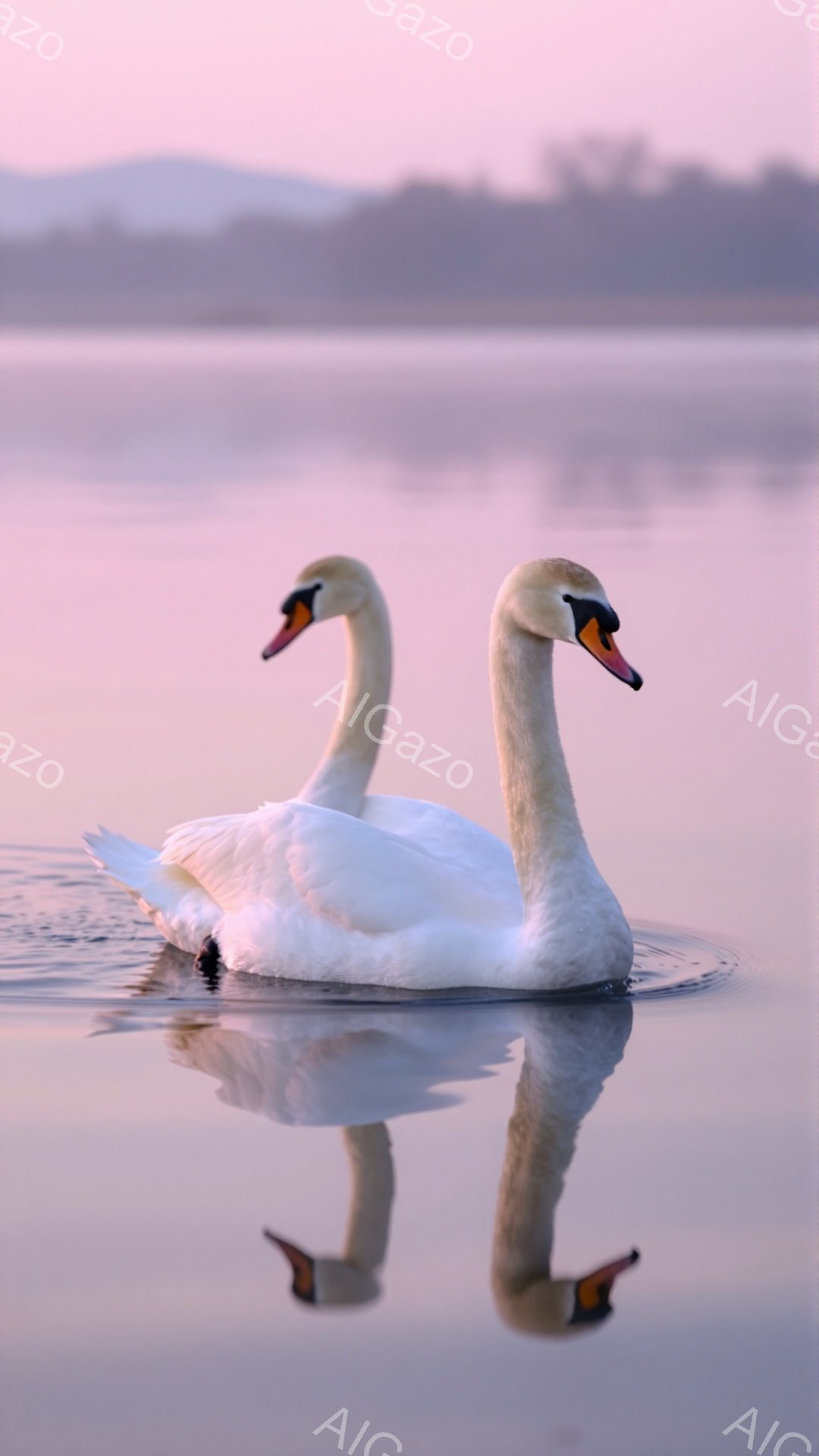 白鳥が穏やかな水面に浮かび、その姿を水面に映し出している。朝霧が立ち込め、水面と空が淡いピンク色に染まり、静寂で幻想的な雰囲気を醸し出している。二羽の白鳥は優雅に首を曲げ、互いに寄り添うように並んでいる。