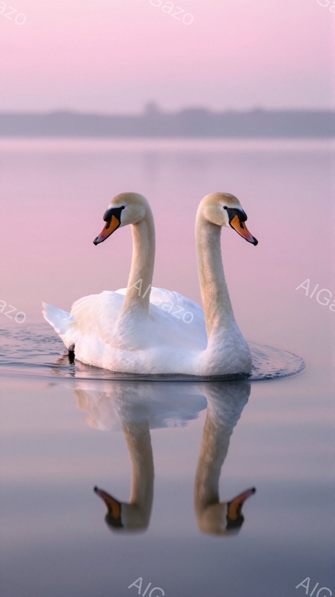 白鳥が穏やかな水面に浮かび、その姿を水面に映し出している。朝焼けの空が水面をピンク色に染め上げ、静かでロマンチックな雰囲気を醸し出している。優雅な白鳥のシルエットが、この穏やかな風景に調和している。