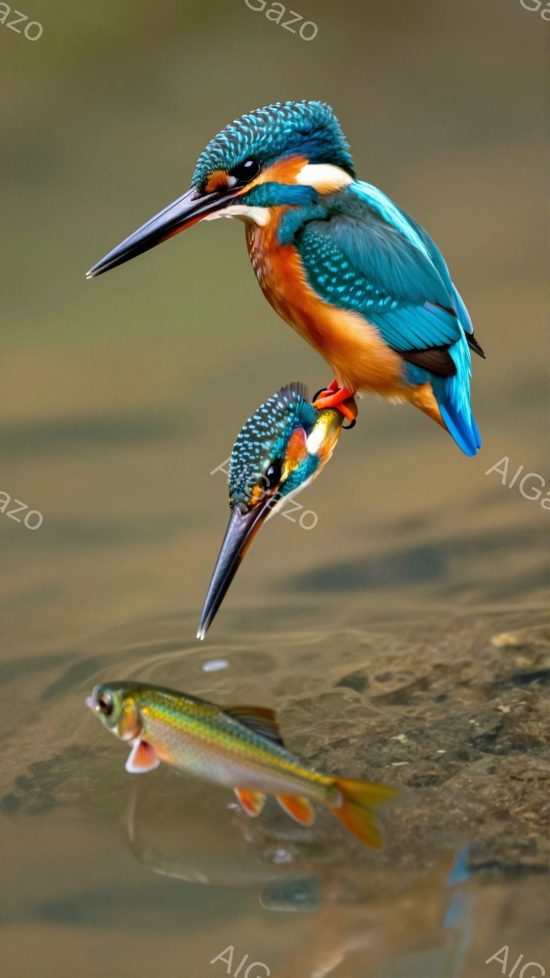 鮮やかな青とオレンジ色のカワセミが、水面に向かって急降下している。獲物である魚を捉えようとする様子が捉えられ、水面には魚の姿も映り込んでいる。背景は落ち着いた色調で、カワセミの色彩が際立っている。
