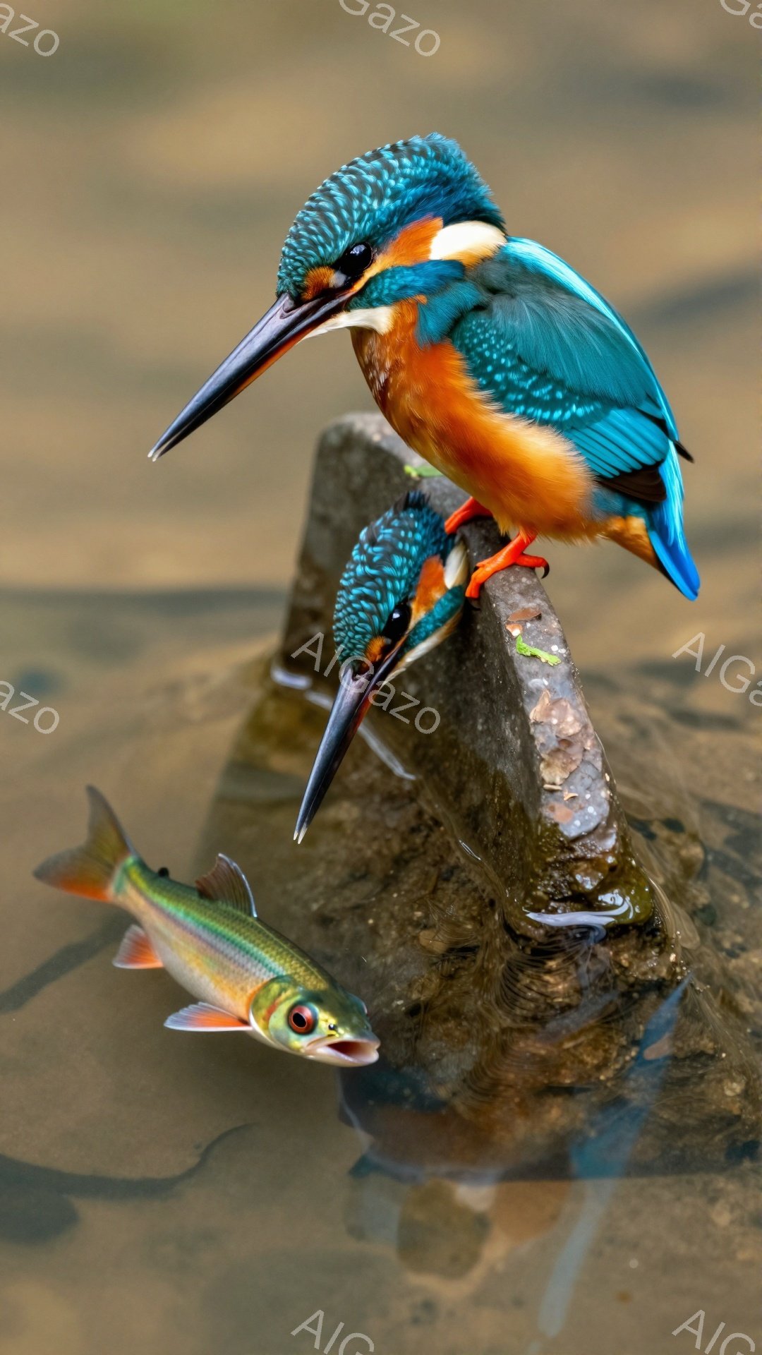 鮮やかな色のカワセミが、灰色がかった岩の上に止まっており、捕らえた魚をくわえています。背景は水面で、水しぶきや光の反射がみられ、自然豊かな雰囲気が漂っています。鳥の羽の色と魚のコントラストが印象的です。