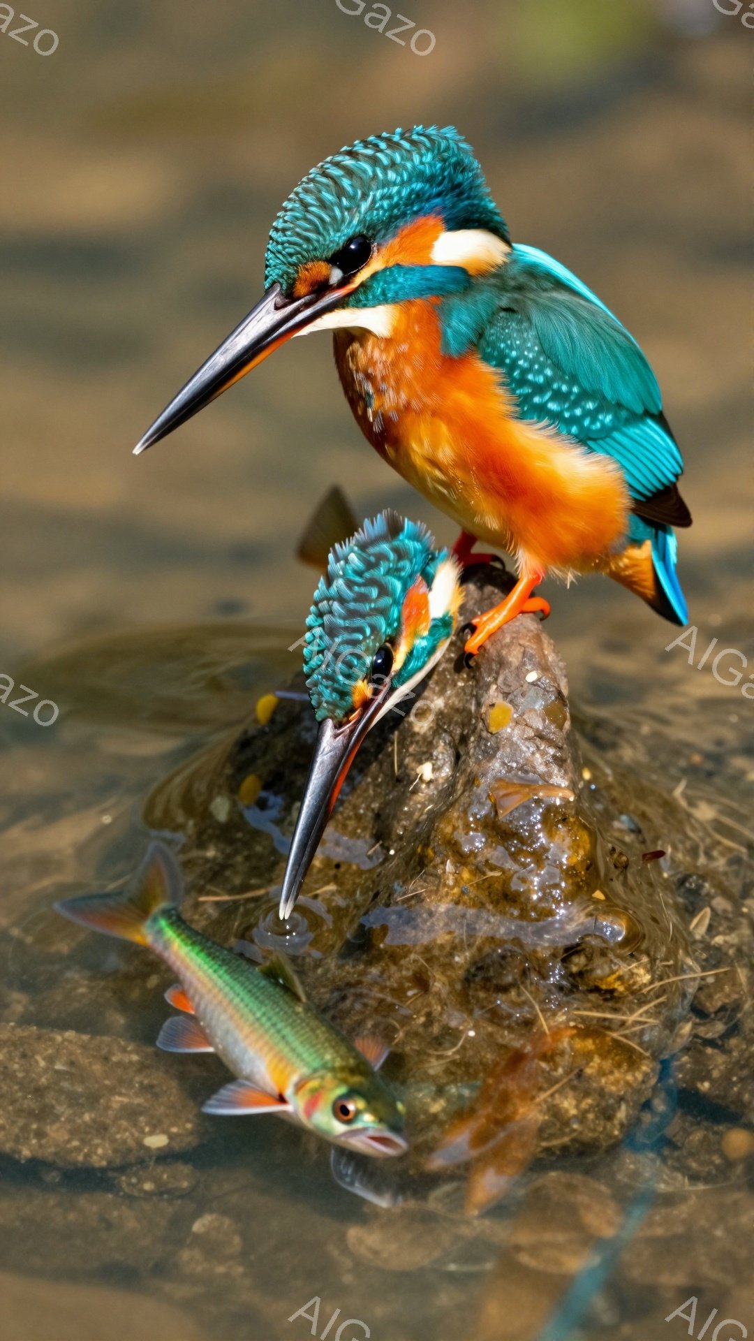 鮮やかなカワセミが、水中の獲物である魚を捕らえようとしています。緑とオレンジの美しい羽毛が印象的で、獲物に狙いを定めた鋭い眼光が特徴的です。水面に映る魚とのコントラストが、力強い瞬間を際立たせています。