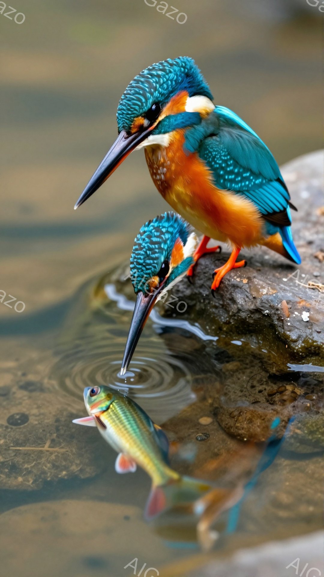 鮮やかな青とオレンジ色のカワセミが、捕らえた魚をくちばしで挟んでいます。水面にはその瞬間を捉えた波紋が広がっており、背景の緑と一体化して美しいコントラストを生み出しています。獲物を捕らえるカワセミの姿は、自然の躍動感と生命力を感じさせます。