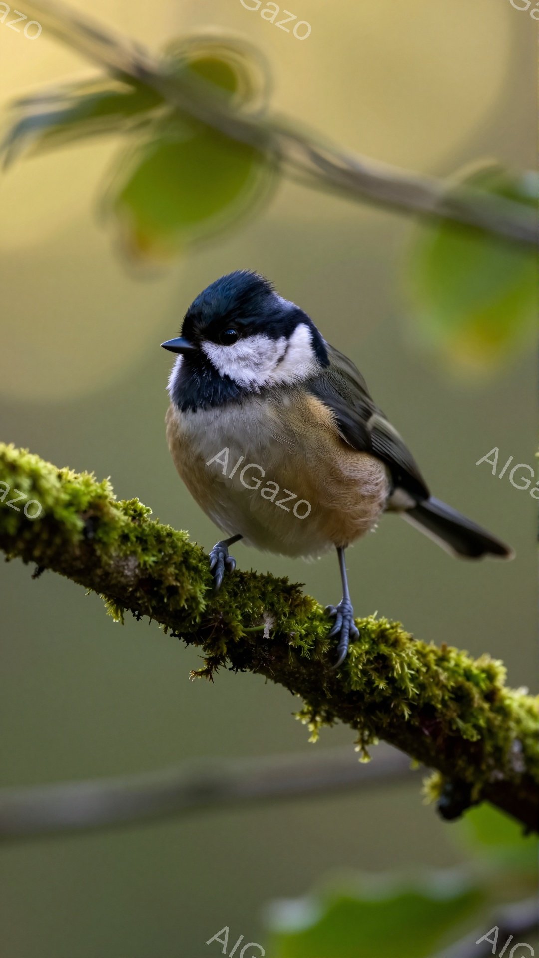 小さな鳥が緑色の苔むした枝にとまっている。顔は黒と白で、体は茶色でふっくらとしている。背景はぼやけた緑色で、静かで平和な雰囲気が漂う。