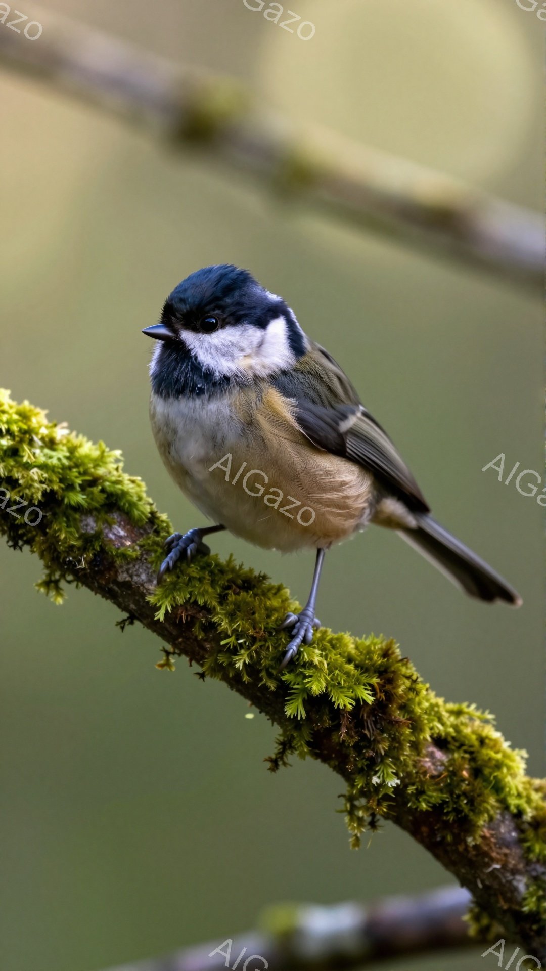 小さな鳥が緑色のコケに覆われた枝にとまっています。その鳥は、黒い頭と白い頬を持ち、茶色と灰色の羽毛で覆われています。背景はぼやけており、穏やかで静かな雰囲気です。