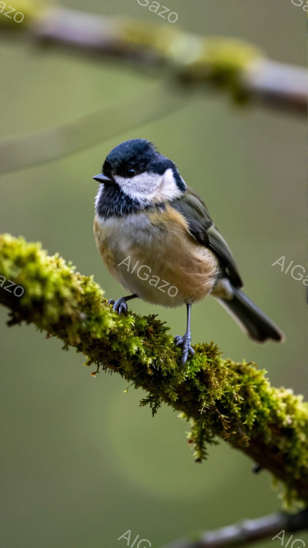 小さな鳥が緑色の苔の付いた枝にとまっている。灰色の背中と白い腹部、黒い頭を持つ可愛らしい姿である。背景はぼやけた緑色で、鳥が際立っている。
