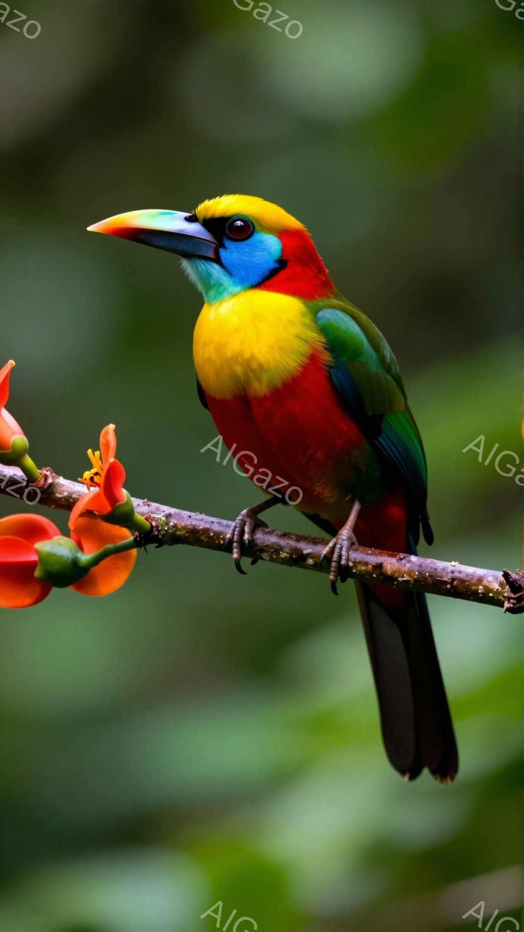 色鮮やかな鳥が枝にとまっており、その鮮やかな赤、緑、黄色、青の羽が印象的です。背景は緑豊かな植物で覆われており、自然な雰囲気が漂っています。鳥の目は鋭く、まるで何かを探しているかのように見えます。