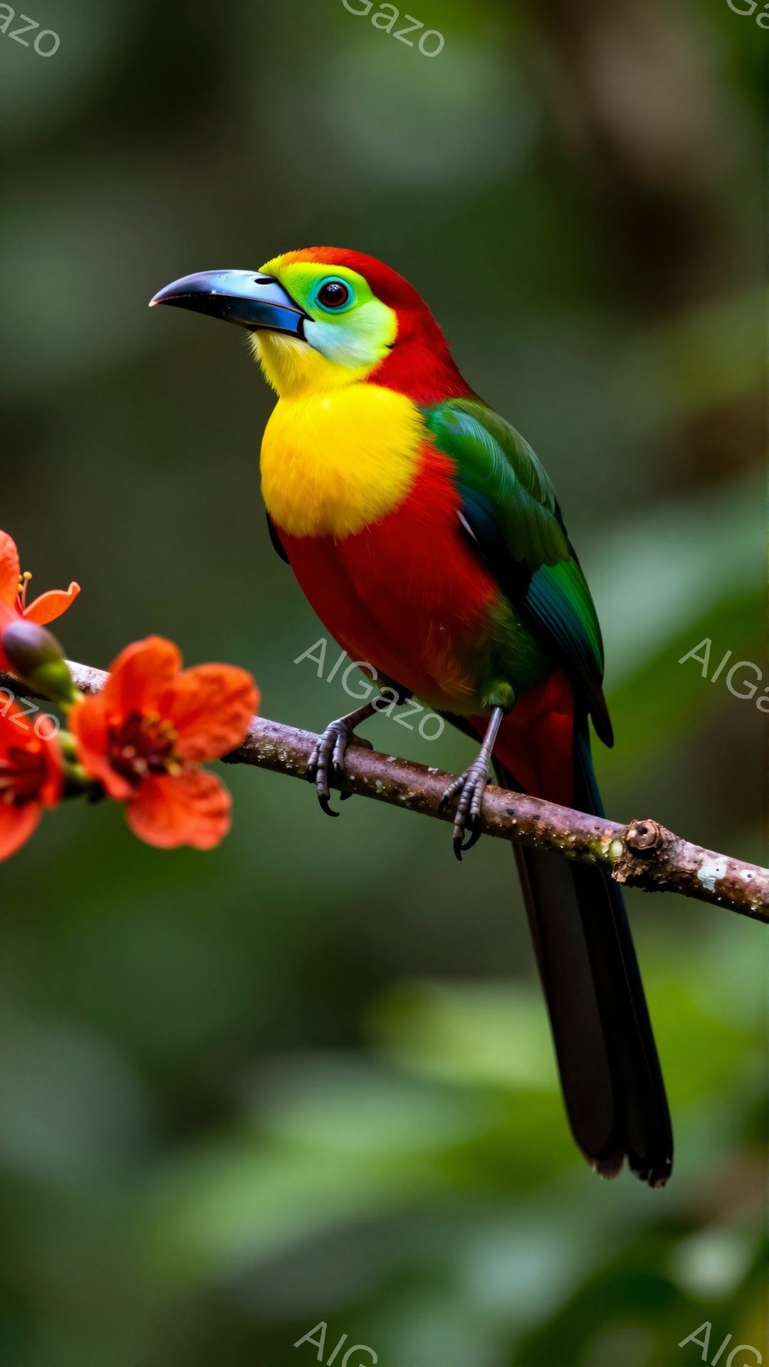 美しい色の鳥が枝にとまっている。頭は黄色、胸は赤、背中は緑と鮮やかな色彩をしている。背景は緑豊かな植物で、花も咲いており、自然な雰囲気である。