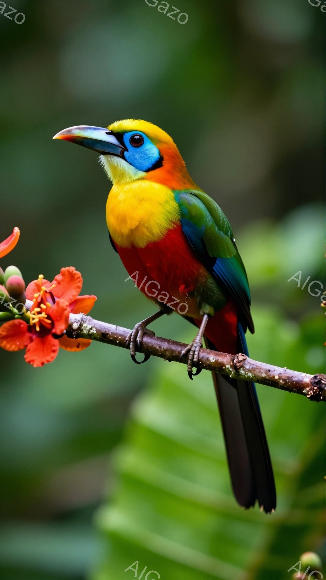 鮮やかな赤、オレンジ、緑色の美しい鳥が枝に止まっています。その羽はまるで炎のようで、背景の緑とのコントラストが目を引きます。鮮やかな花が鳥の横に咲き、自然の美しさを引き立てています。