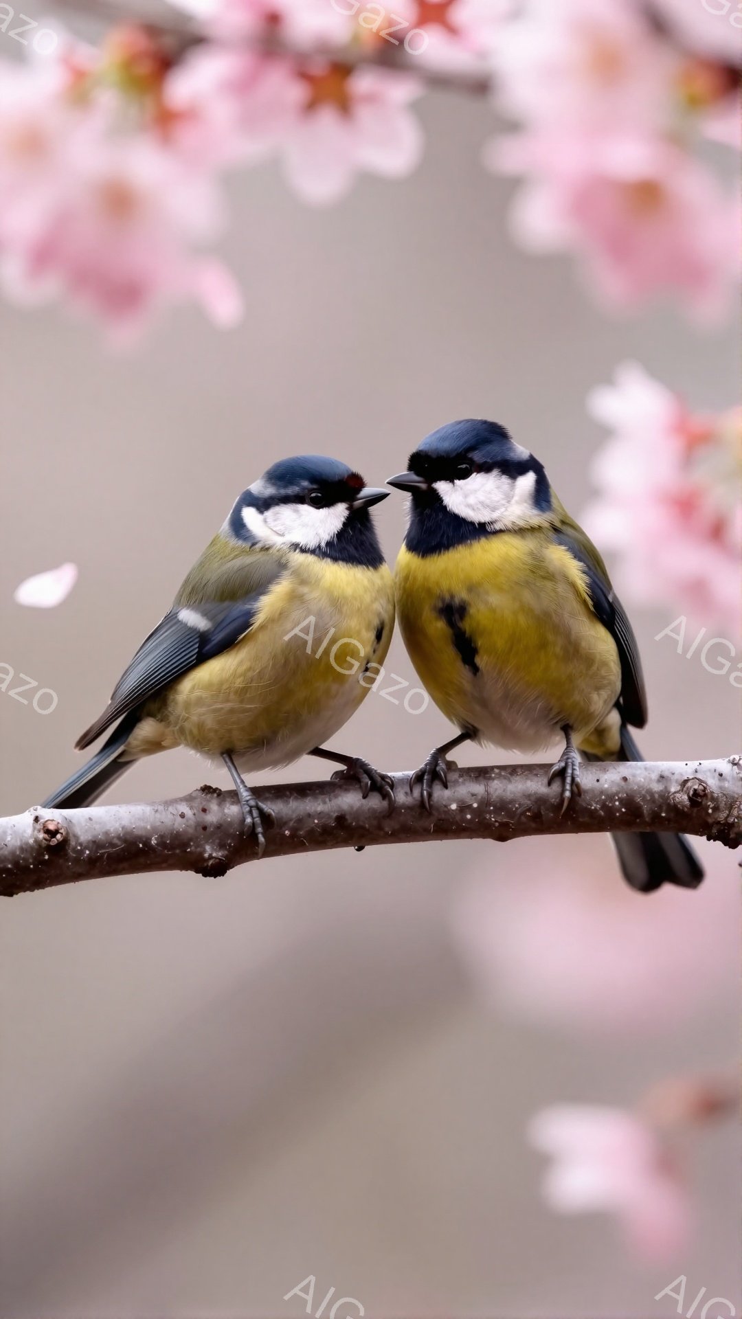 二羽のヤマガラが木の枝にとまって寄り添っています。背景には桜の花びらが舞い、春の暖かさと穏やかな雰囲気が感じられます。鮮やかな色彩と優しい光が、可愛らしい鳥たちの姿をさらに引き立てています。