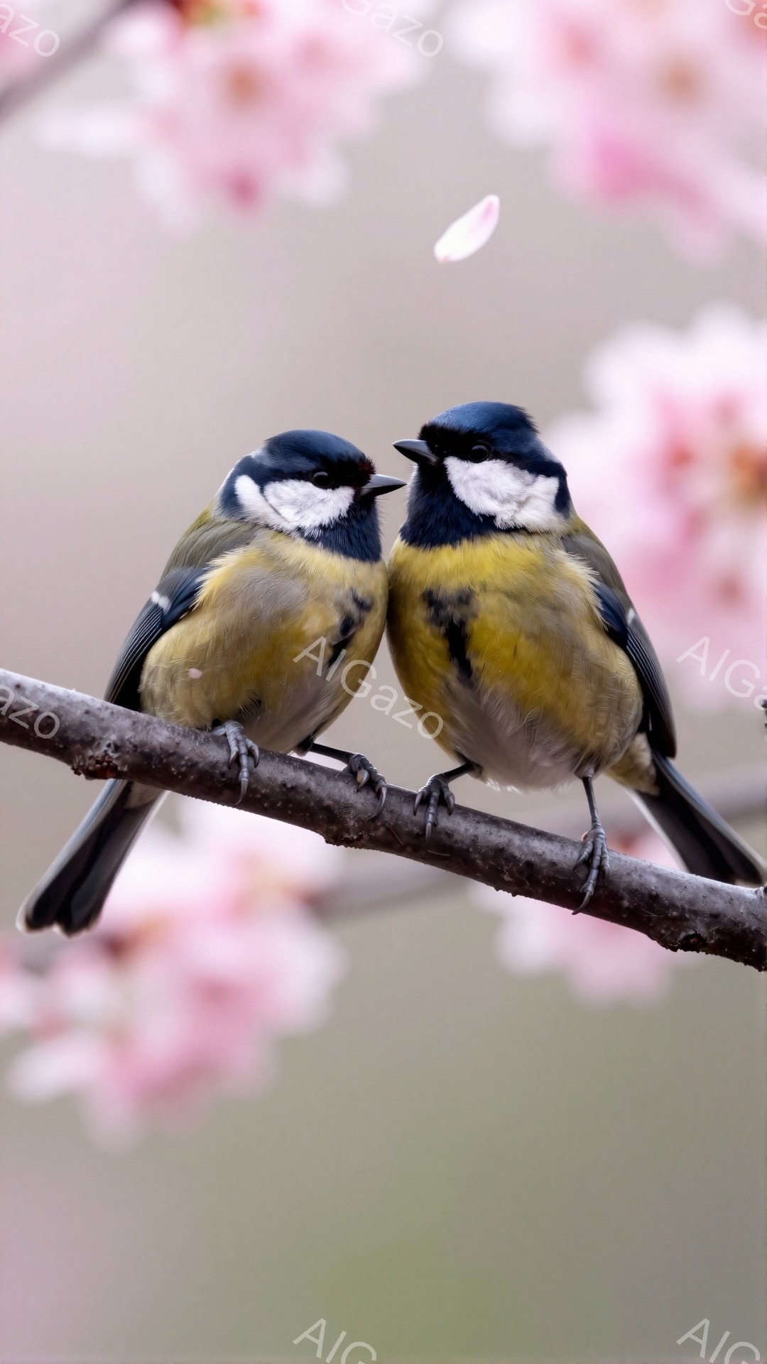 二羽のヤマガラが枝に並んでとまっています。背景には桜の花びらがぼんやりと見え、春の暖かさを感じさせます。鮮やかな黄緑色と青色のコントラストが美しく、可愛らしい姿が印象的です。