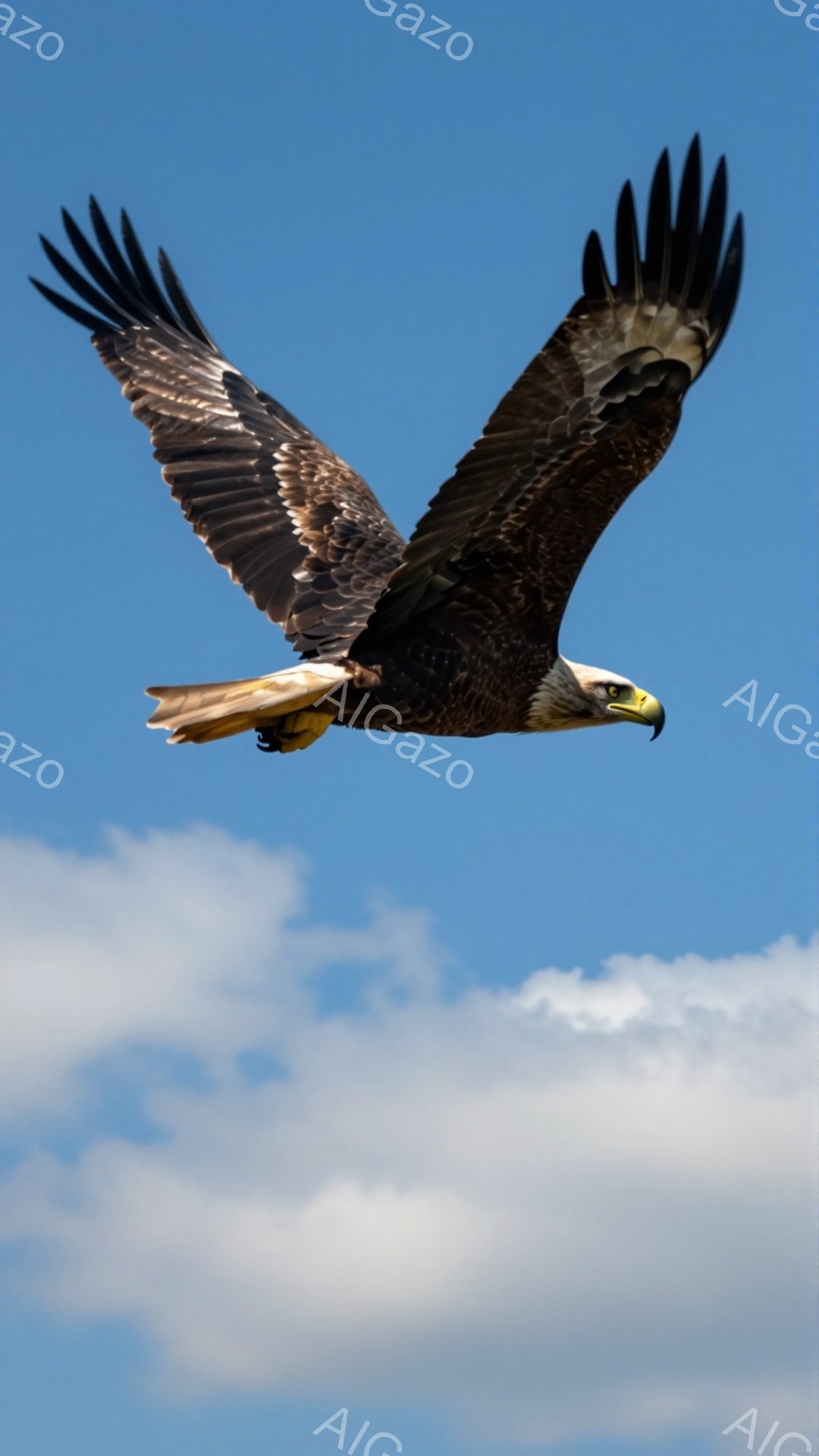 広大な青空を背景に、翼を広げて飛ぶハクトウワシが捉えられています。力強い翼の羽ばたきと鋭い眼差しが、その威厳と自由を表現しています。空には白い雲が浮かび、鳥の飛翔をより一層引き立てています。