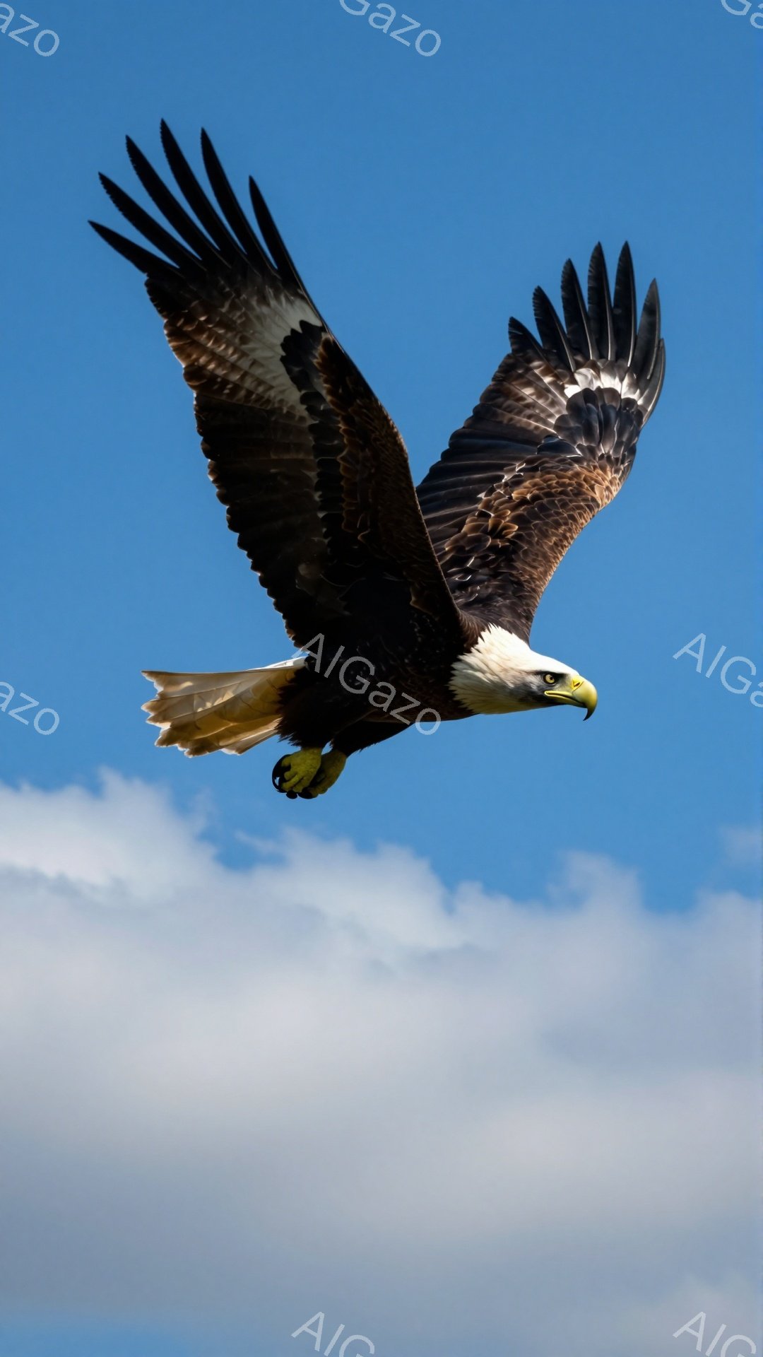 広大な青空を背景に、翼を大きく広げたハゲワシが力強く飛んでいる。鋭い眼光と鉤爪が特徴的で、野生の力強さと自由を象徴している。空にはもくもくとした雲が浮かび、雄大な自然の風景を作り出している。 - AI生成フリー素材