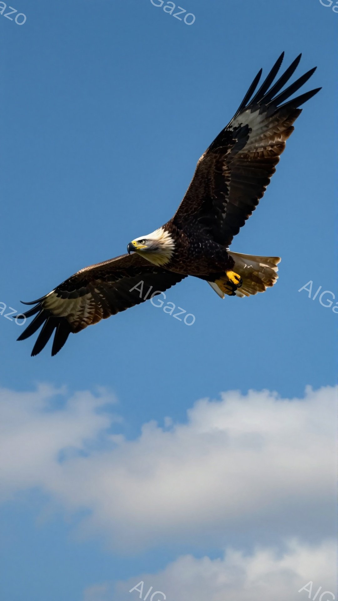 広大な空を舞うハクトウワシが力強く羽ばたいている。鮮やかな青空を背景に、その翼の広がりと鋭い眼差しが印象的だ。自由で雄大な自然の姿を捉えた一枚である。