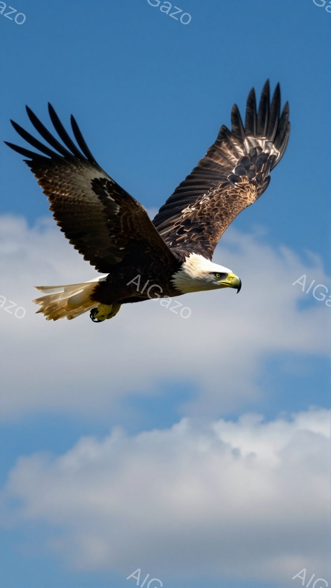 広大な青空を背景に、翼を広げたハクトウワシが力強く飛翔している。その翼は大きく、羽毛の質感も詳細に捉えられており、まるで空を支配しているかのようだ。鮮やかな青空と白雲が、ワシの力強い姿をより一層引き立てている。