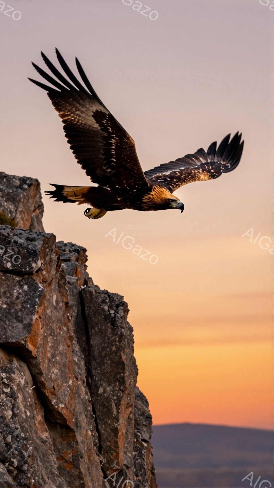 夕焼けを背景に、巨大な猛禽類が岩場の上を舞っている。翼を大きく広げた姿は力強く、夕焼けのオレンジ色が羽に反射して美しい。大自然の壮大さと生き物の生命力を感じさせる一枚だ。